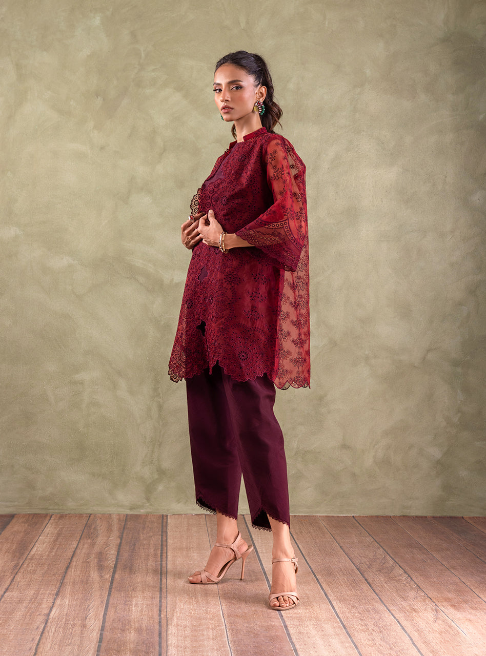 Maroon Chikankari Organza Coat 3-Piece Set - Image 6