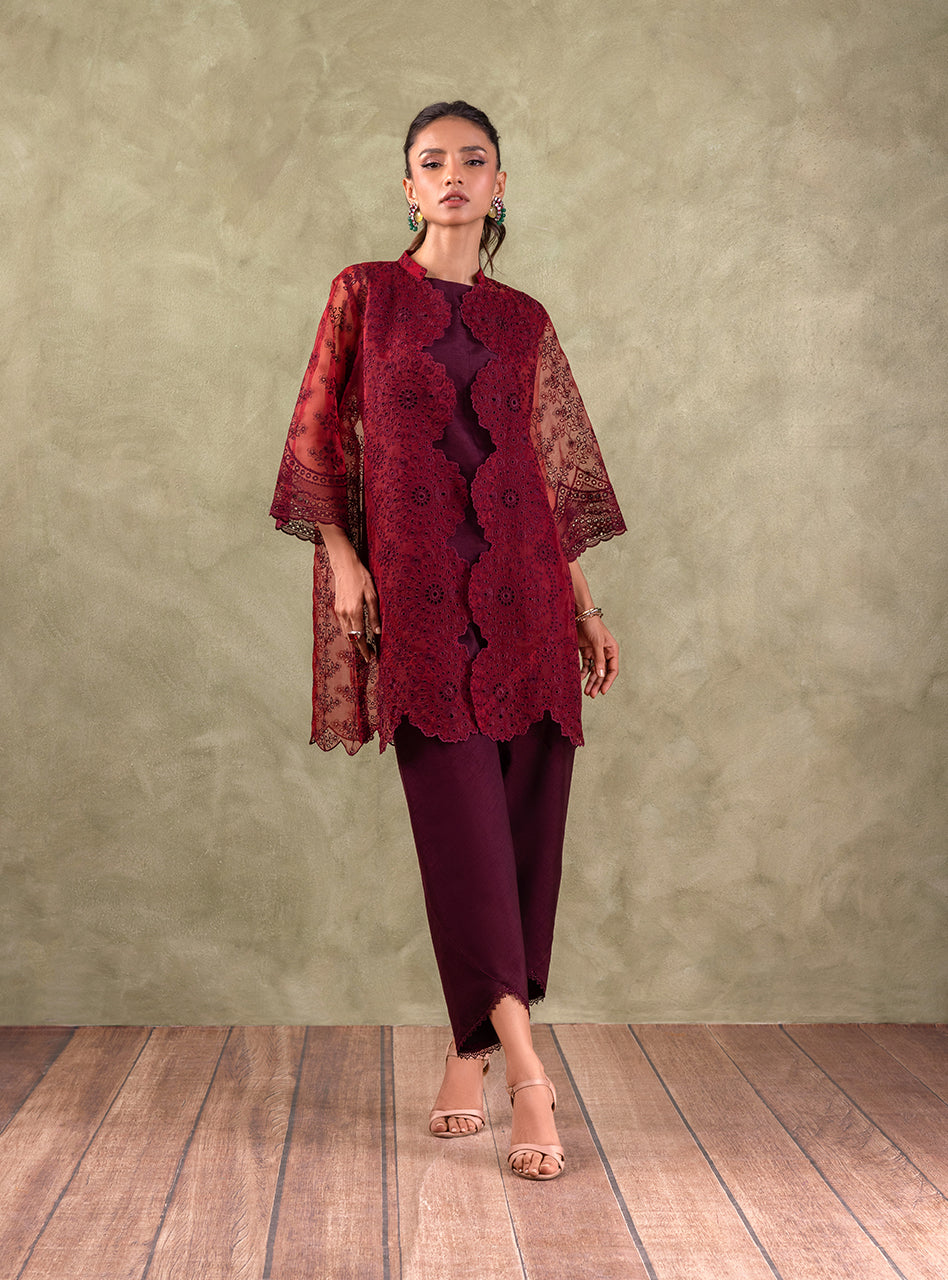 Maroon Chikankari Organza Coat 3-Piece Set - Image 8
