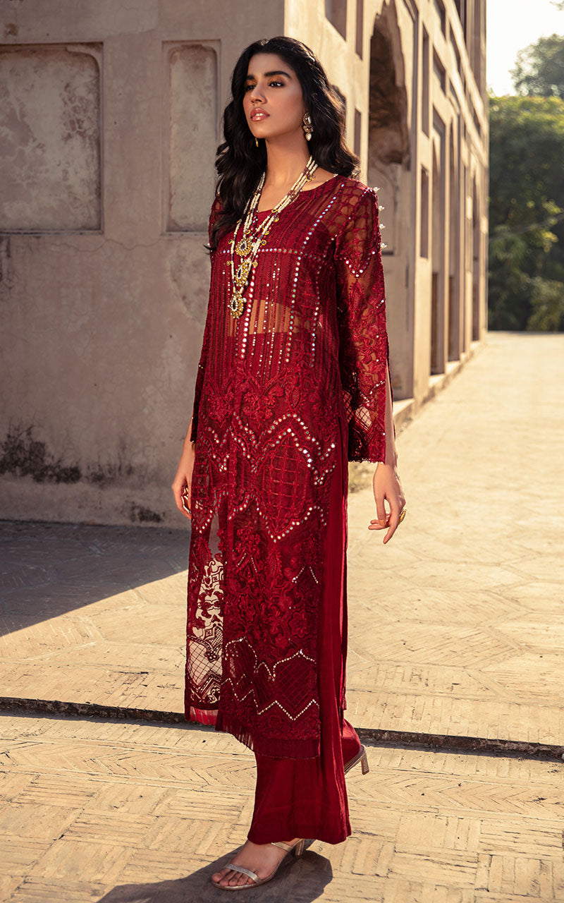 Pakistani Deep Maroon Embroidered Organza Salwar Kameez (2-Piece) - Image 2