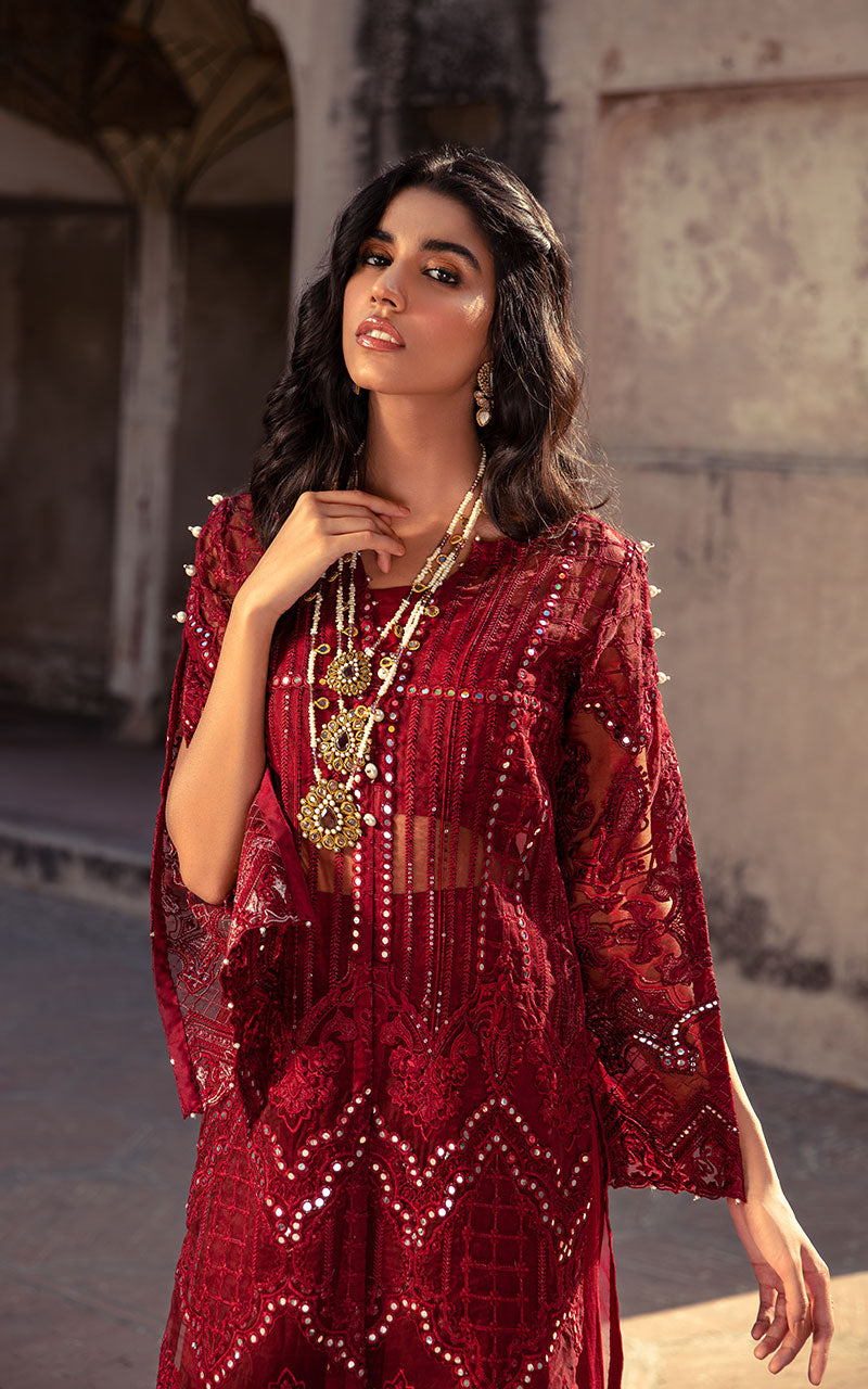 Pakistani Deep Maroon Embroidered Organza Salwar Kameez (2-Piece) - Image 3