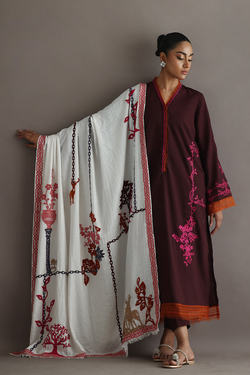 Maroon Embroidered Pashmina Kurta with White Shawl (3-Piece) - Image 1