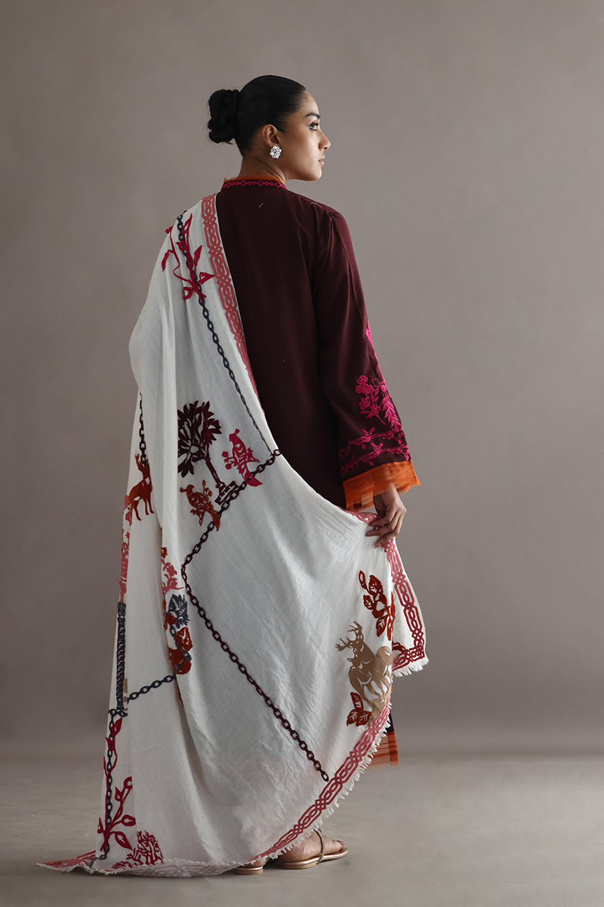 Maroon Embroidered Pashmina Kurta with White Shawl (3-Piece) - Image 2