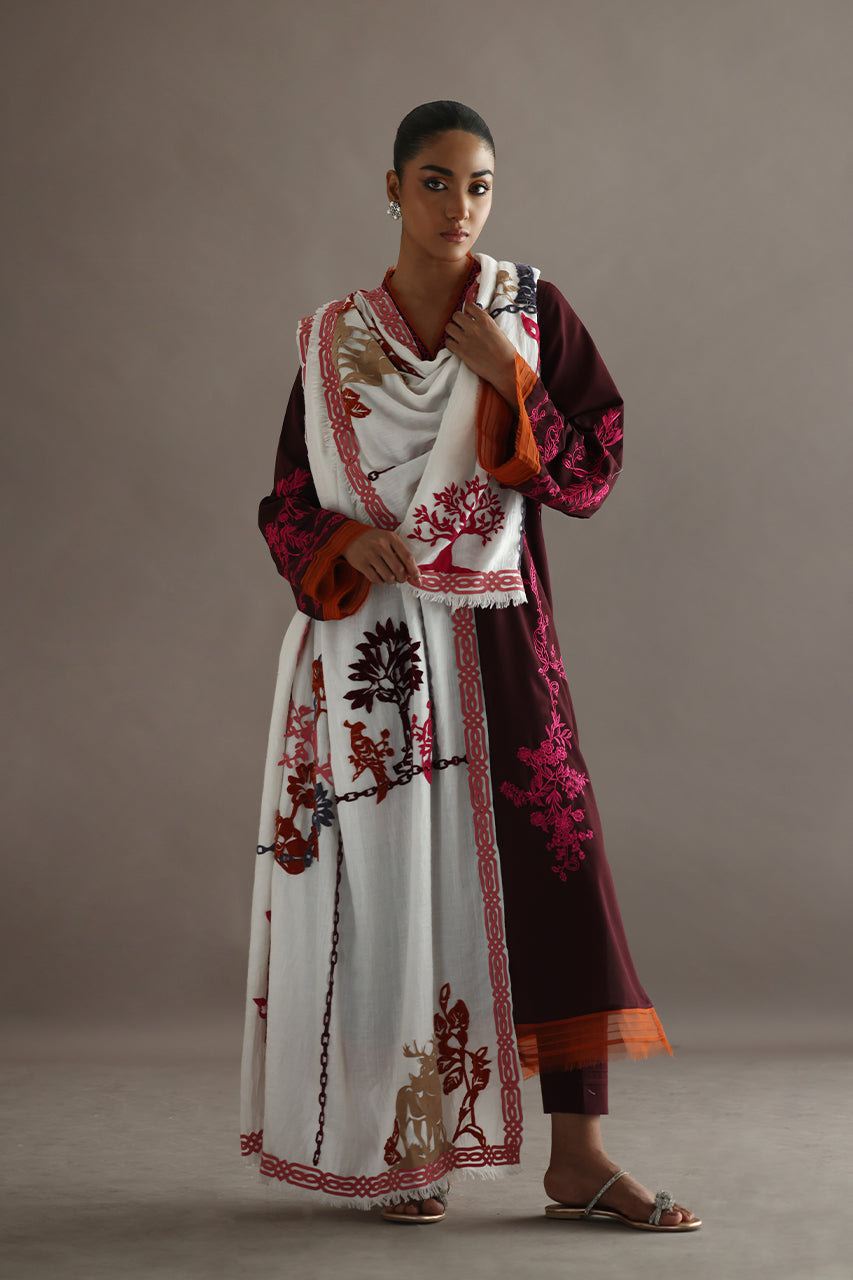 Maroon Embroidered Pashmina Kurta with White Shawl (3-Piece) - Image 3