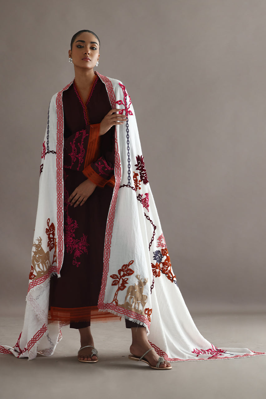 Maroon Embroidered Pashmina Kurta with White Shawl (3-Piece) - Image 4