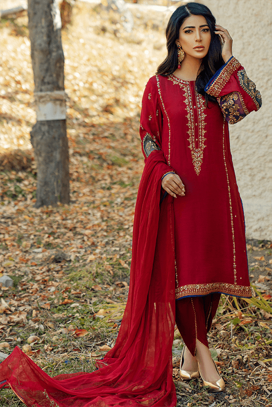 Pakistani Maroon Embroidered PK Raw Silk Salwar Kameez (3-Piece) - Image 2