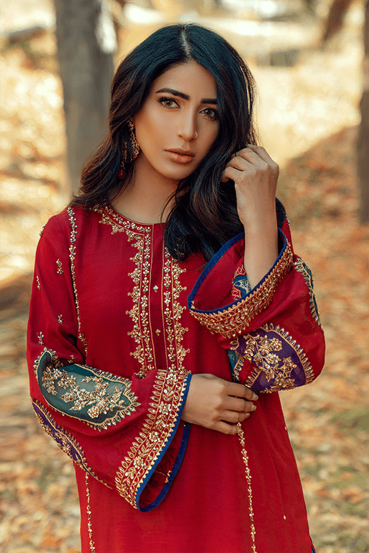 Pakistani Maroon Embroidered PK Raw Silk Salwar Kameez (3-Piece) - Image 4