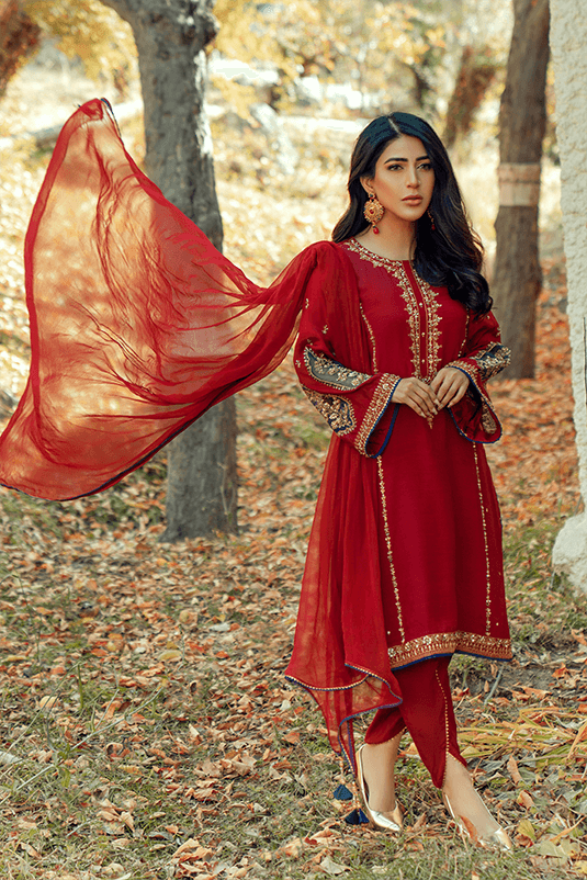 Pakistani Maroon Embroidered PK Raw Silk Salwar Kameez (3-Piece) - Image 3