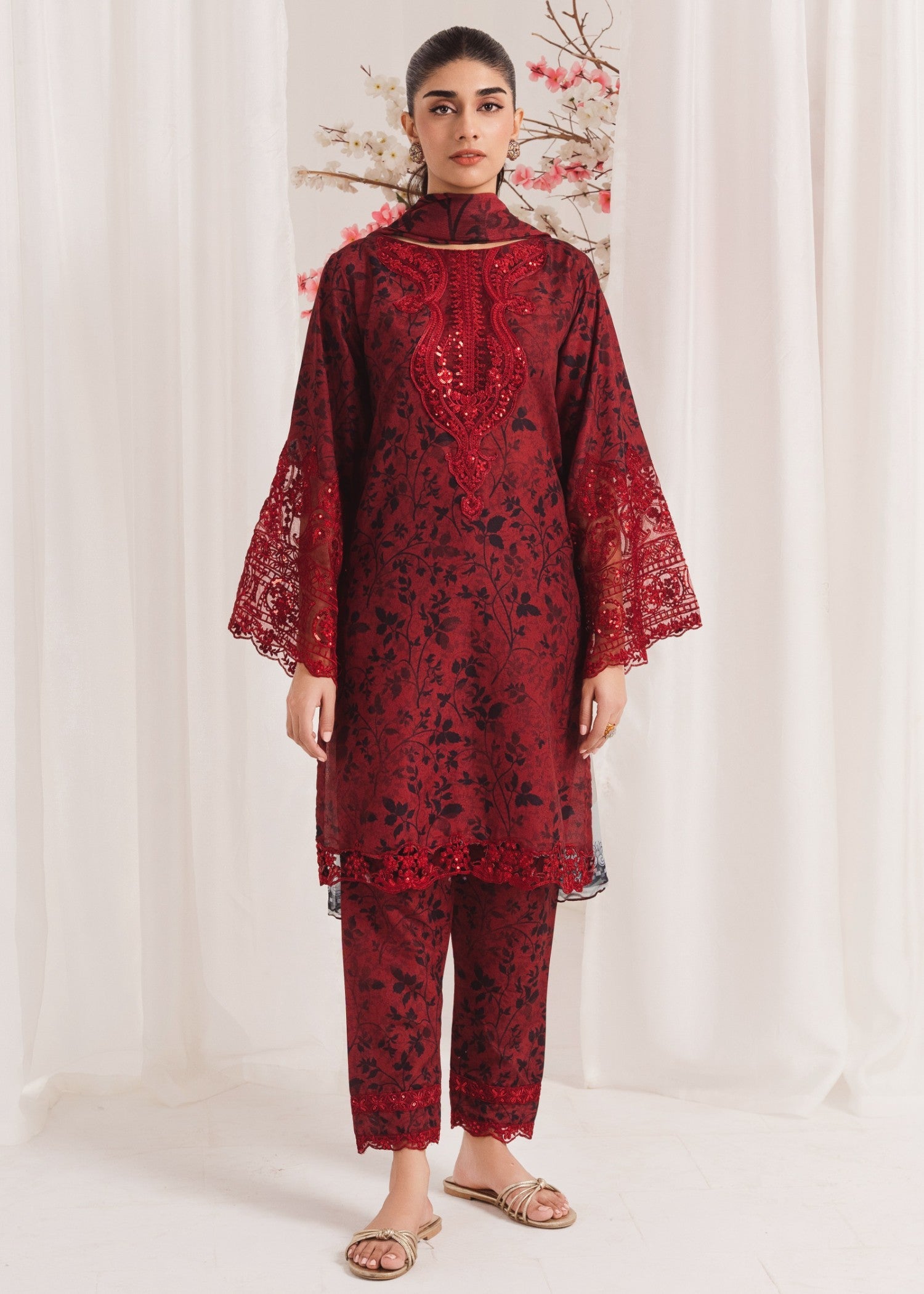 Pakistani Maroon Printed Poly Lawn Kurta Set (3-Piece) - Image 1
