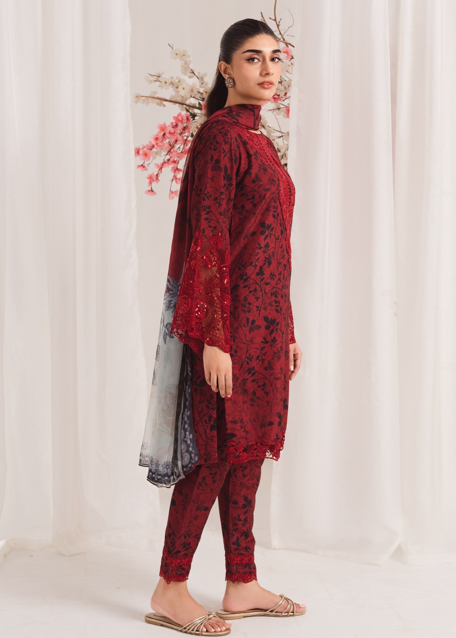 Pakistani Maroon Printed Poly Lawn Kurta Set (3-Piece) - Image 2