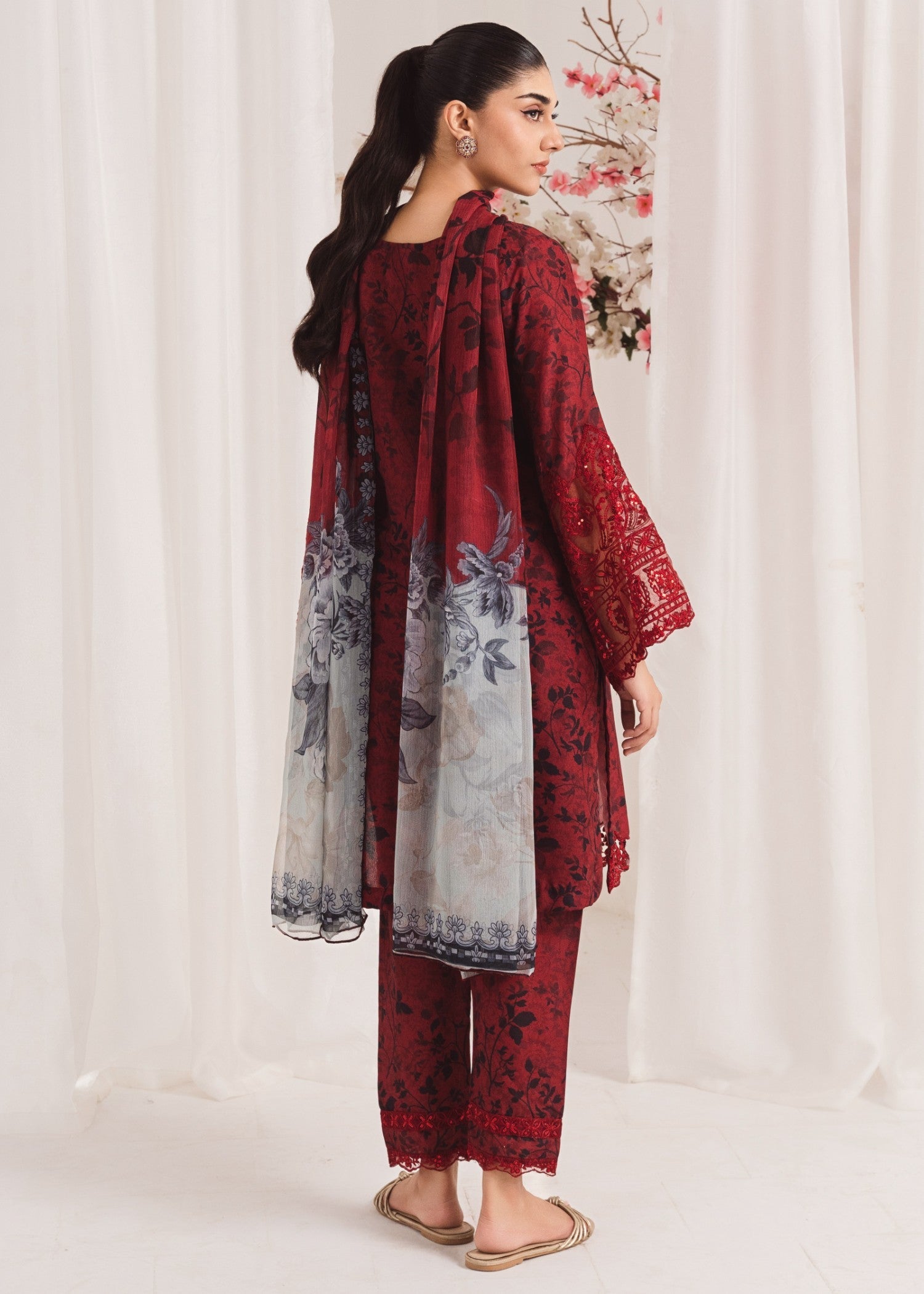 Pakistani Maroon Printed Poly Lawn Kurta Set (3-Piece) - Image 3