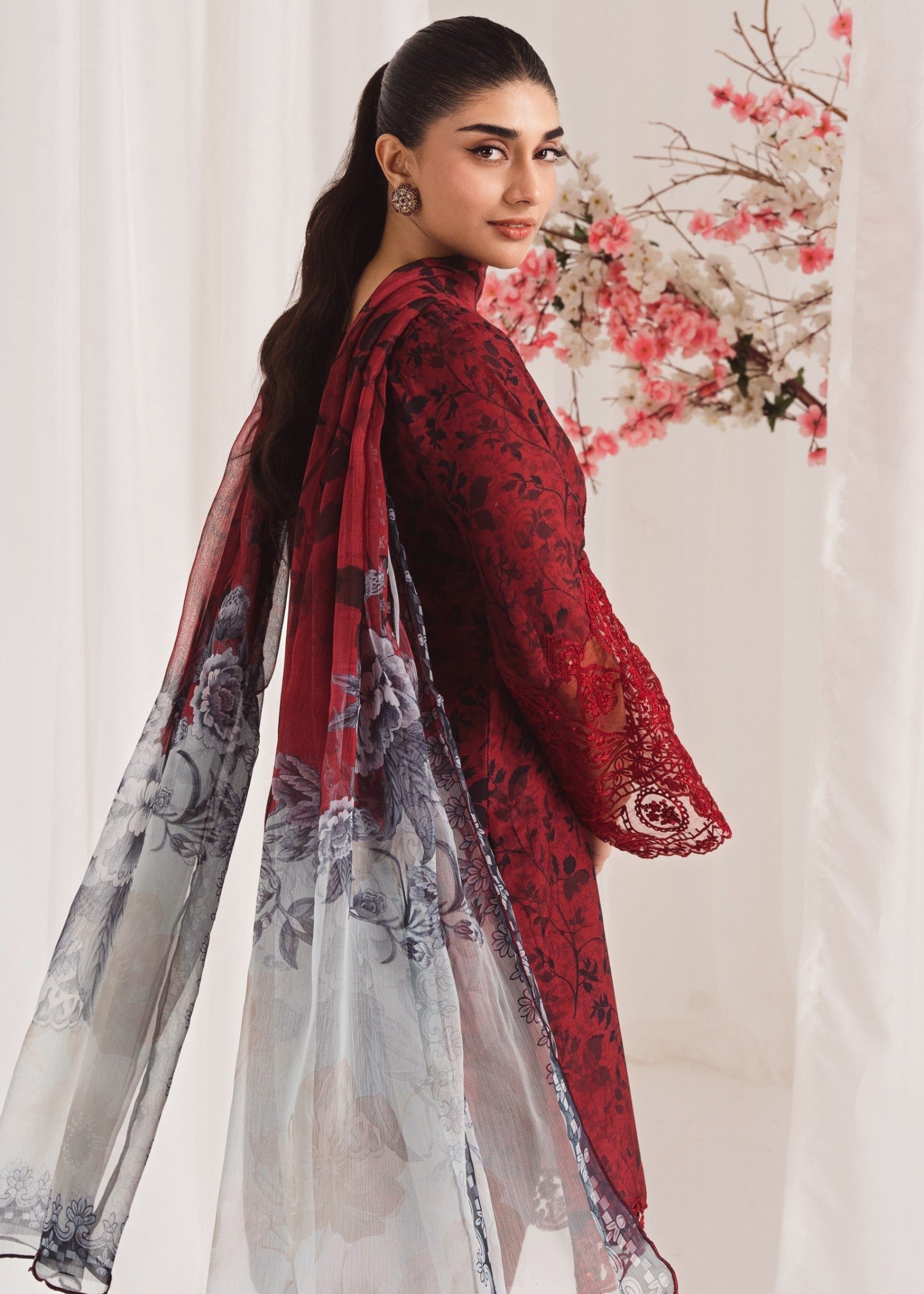 Pakistani Maroon Printed Poly Lawn Kurta Set (3-Piece) - Image 4