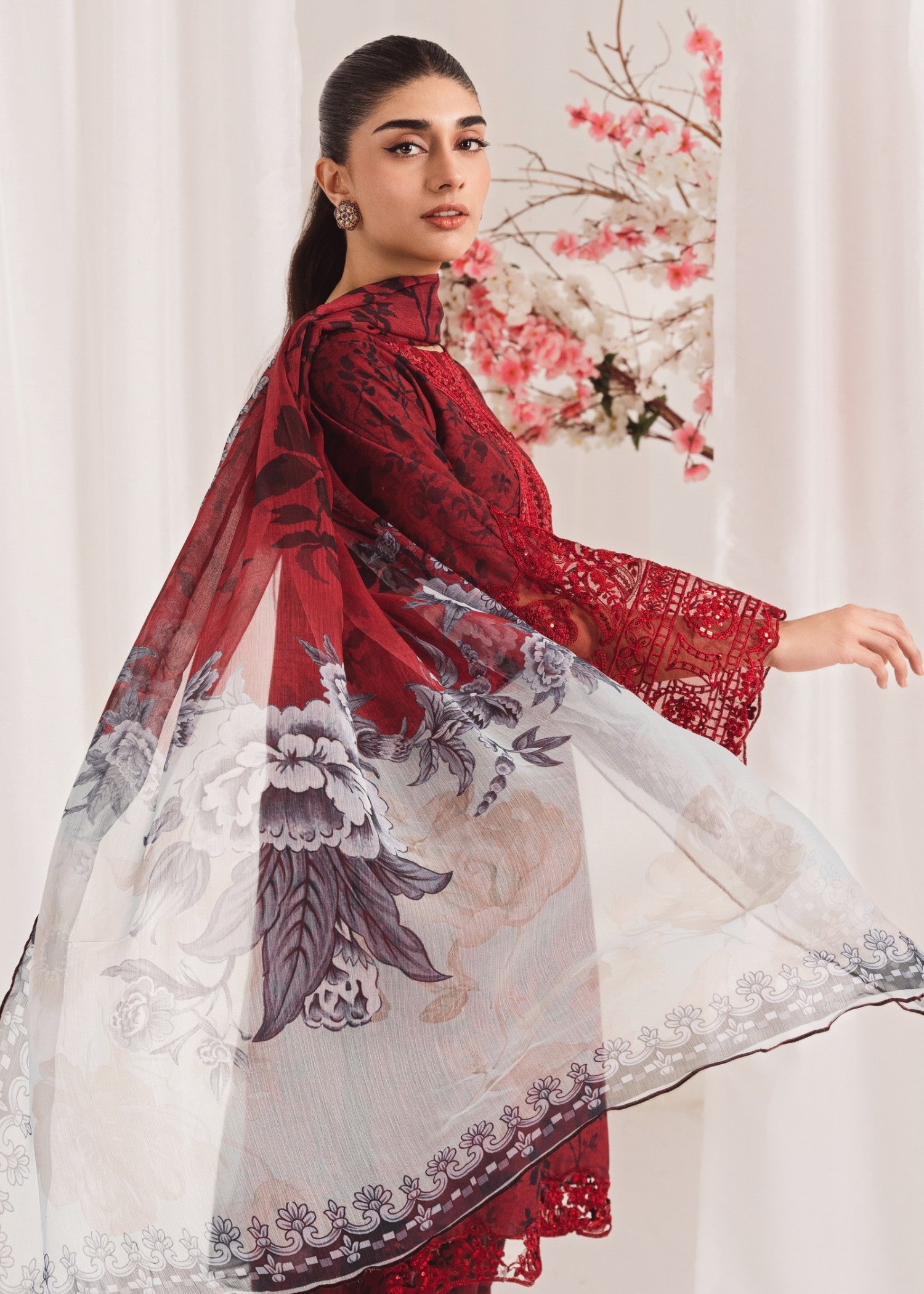 Pakistani Maroon Printed Poly Lawn Kurta Set (3-Piece) - Image 5