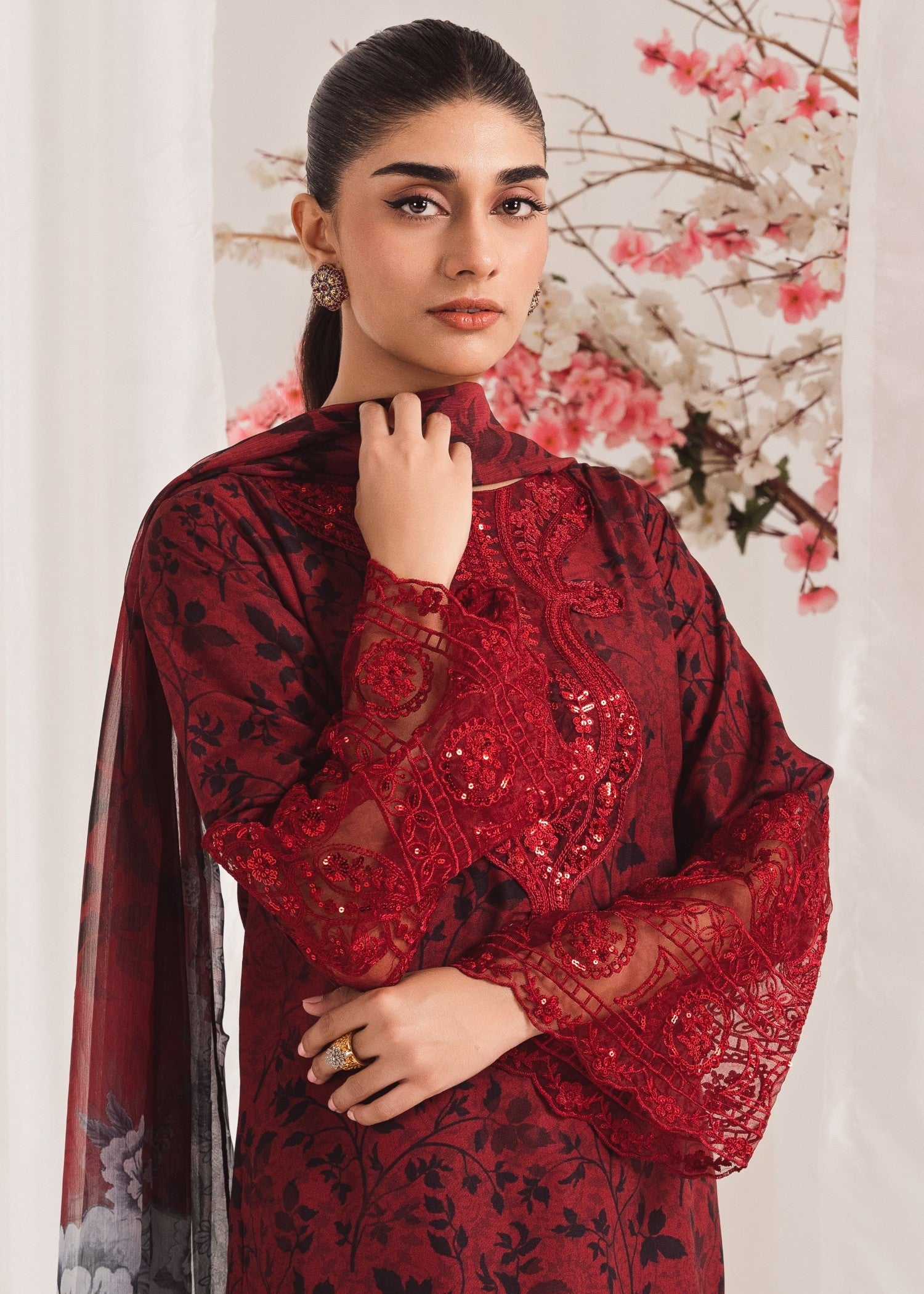 Pakistani Maroon Printed Poly Lawn Kurta Set (3-Piece) - Image 6