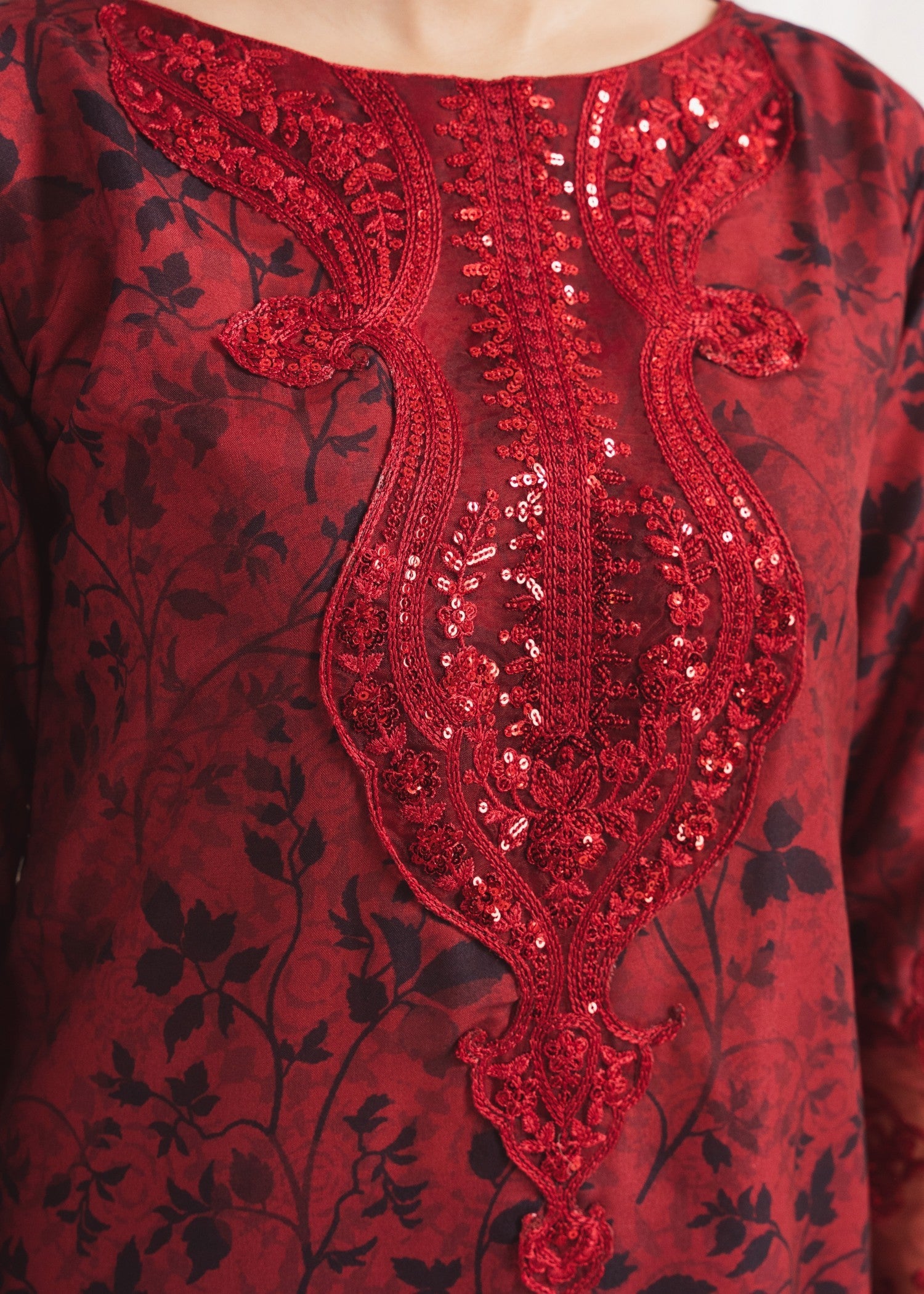 Pakistani Maroon Printed Poly Lawn Kurta Set (3-Piece) - Image 7