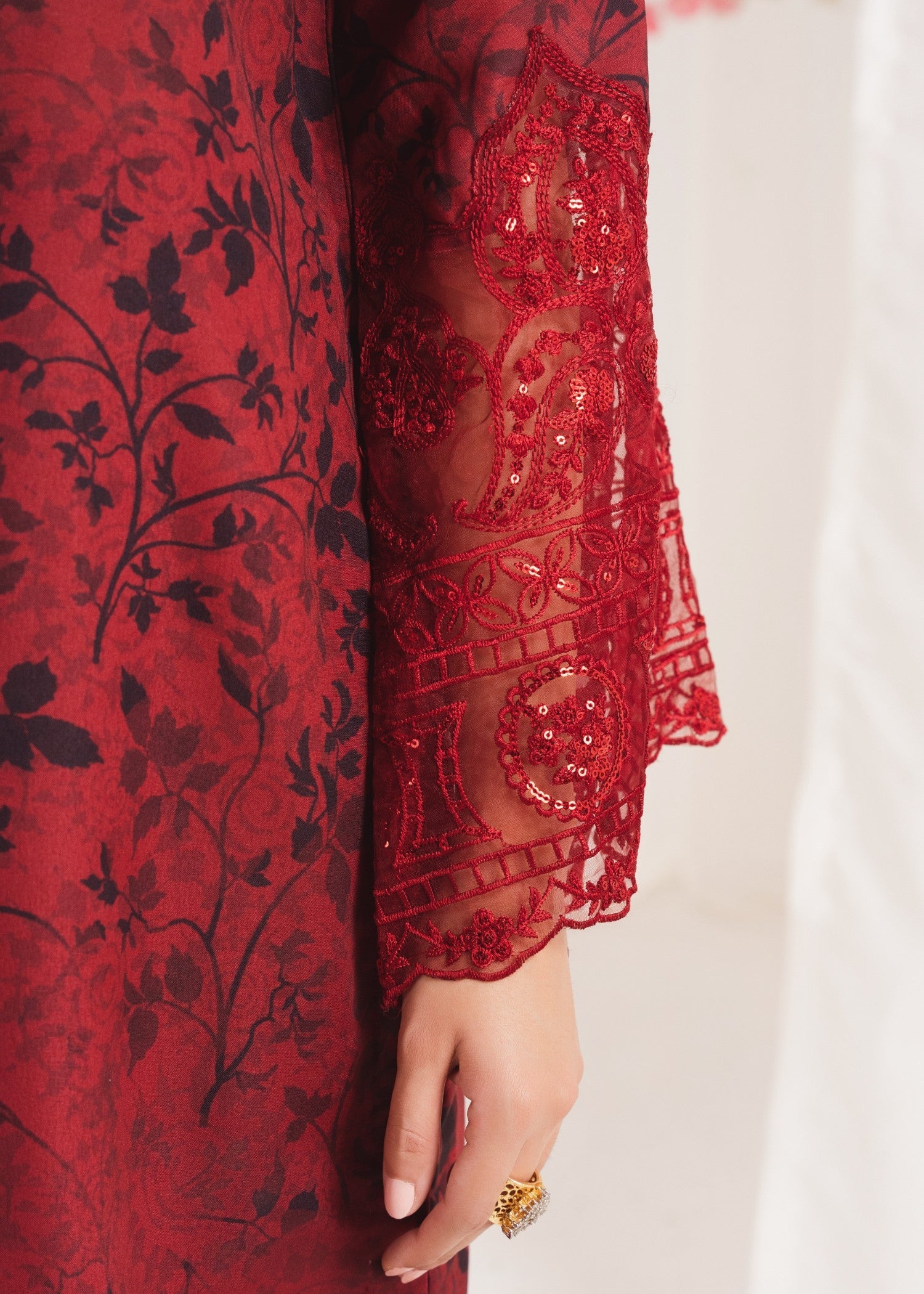 Pakistani Maroon Printed Poly Lawn Kurta Set (3-Piece) - Image 8