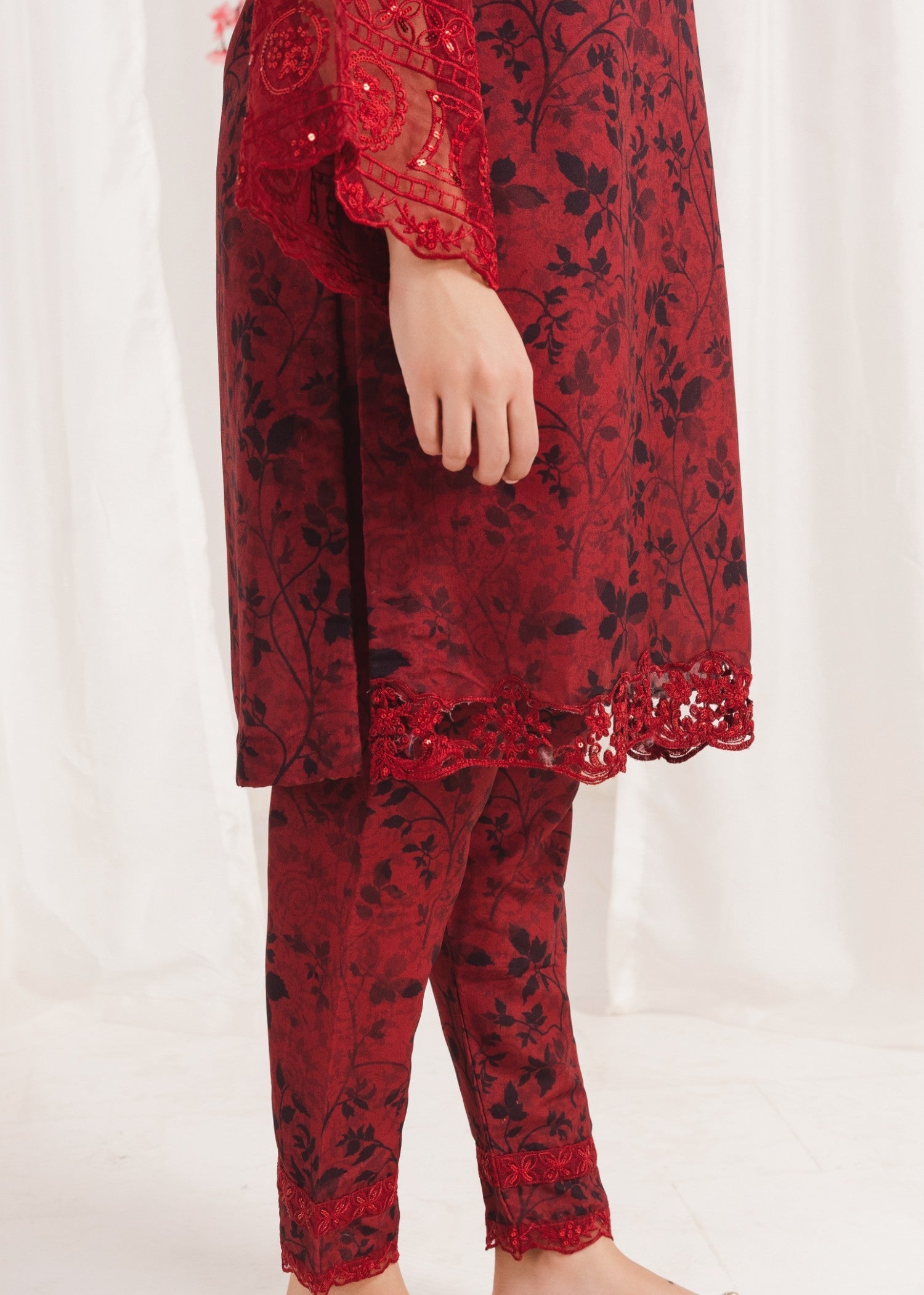 Pakistani Maroon Printed Poly Lawn Kurta Set (3-Piece) - Image 9