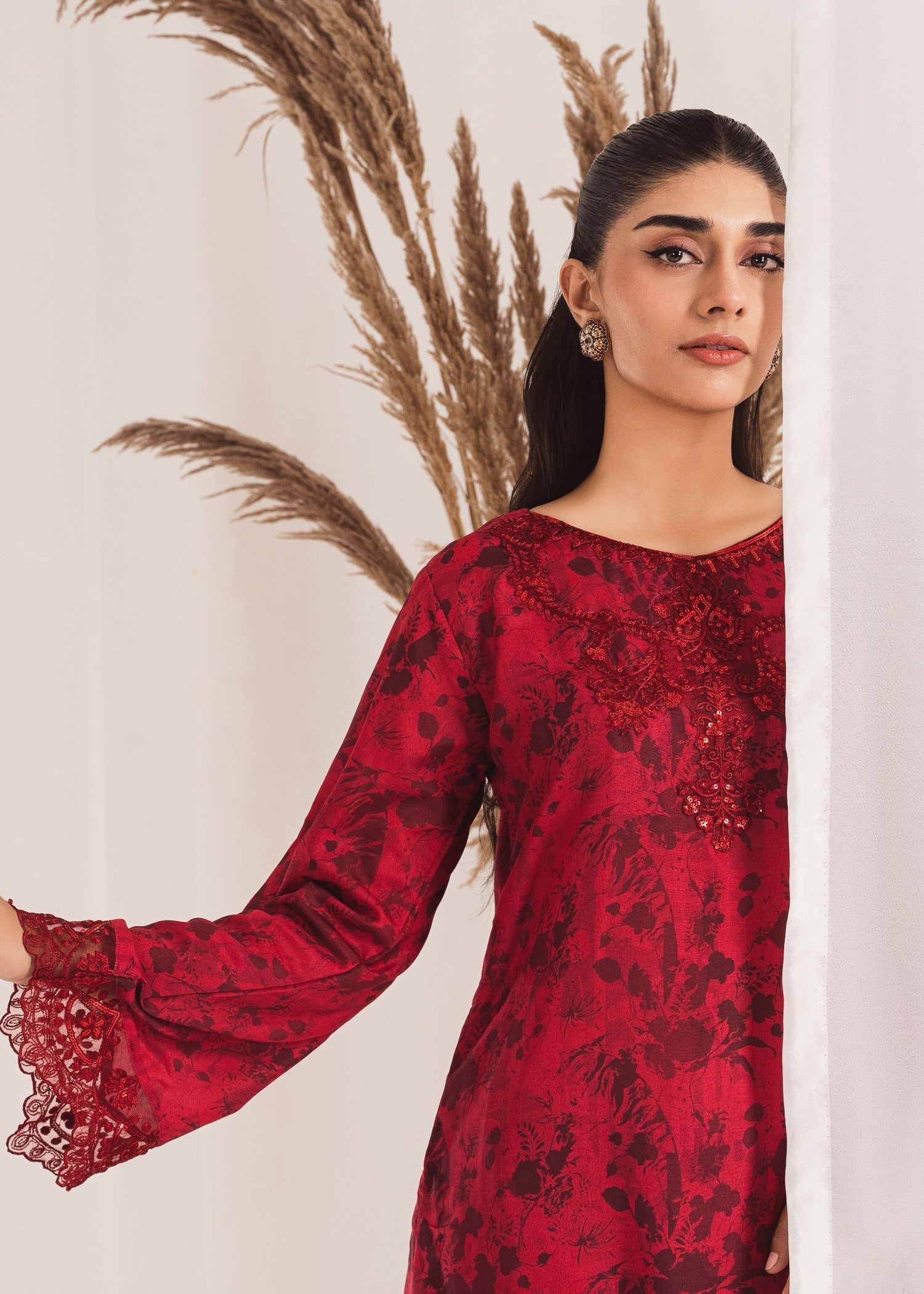 Pakistani Maroon Printed Poly Lawn Kurta Set (2-Piece) - Image 5