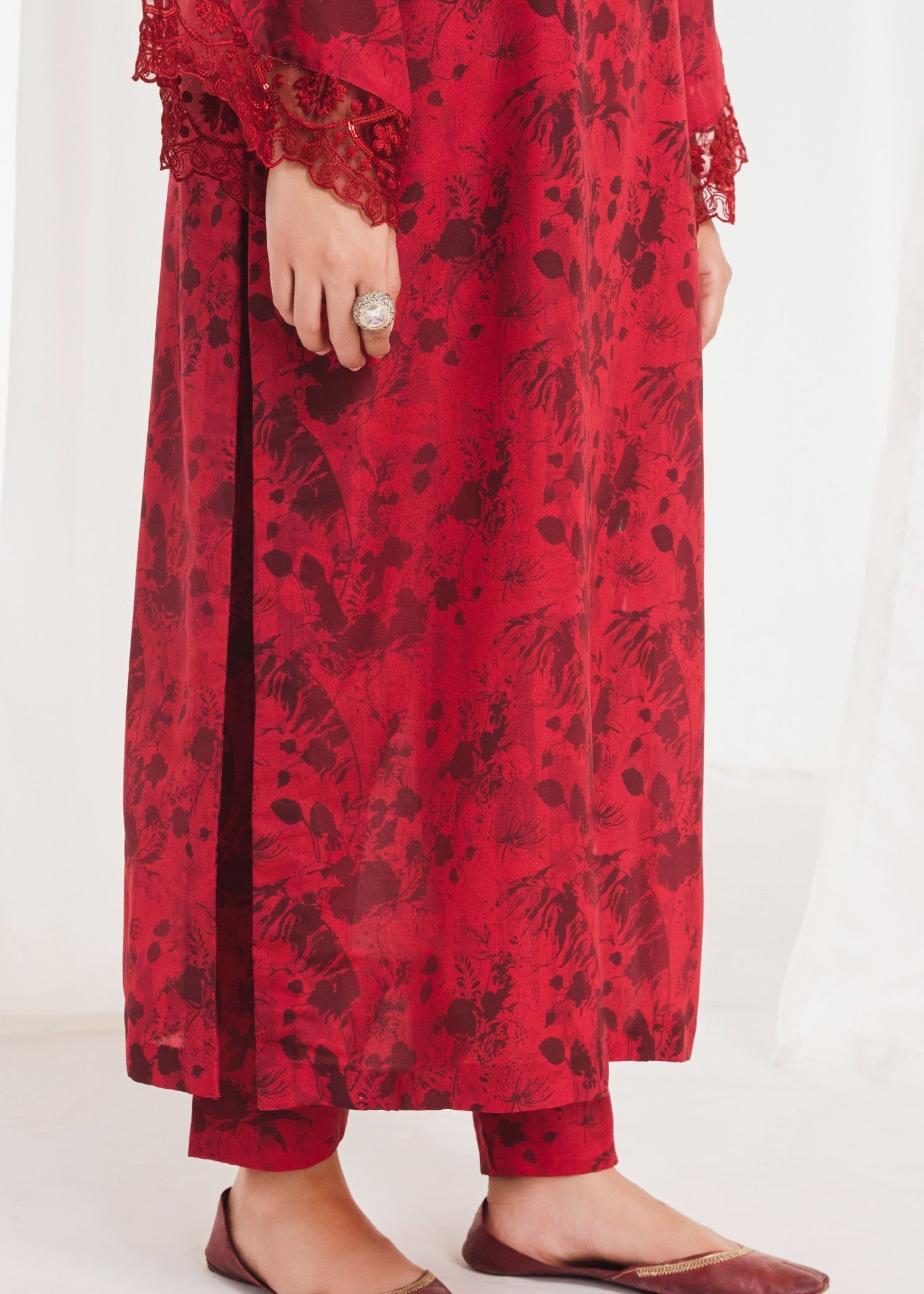 Pakistani Maroon Printed Poly Lawn Kurta Set (2-Piece) - Image 6