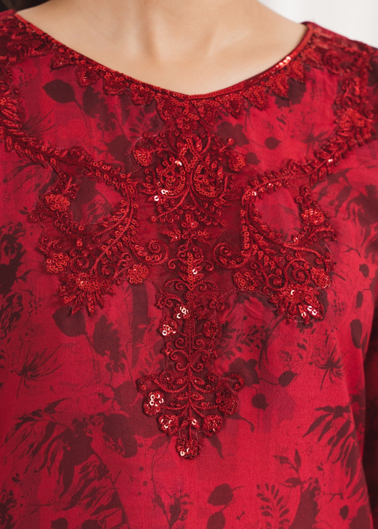 Pakistani Maroon Printed Poly Lawn Kurta Set (2-Piece) - Image 8