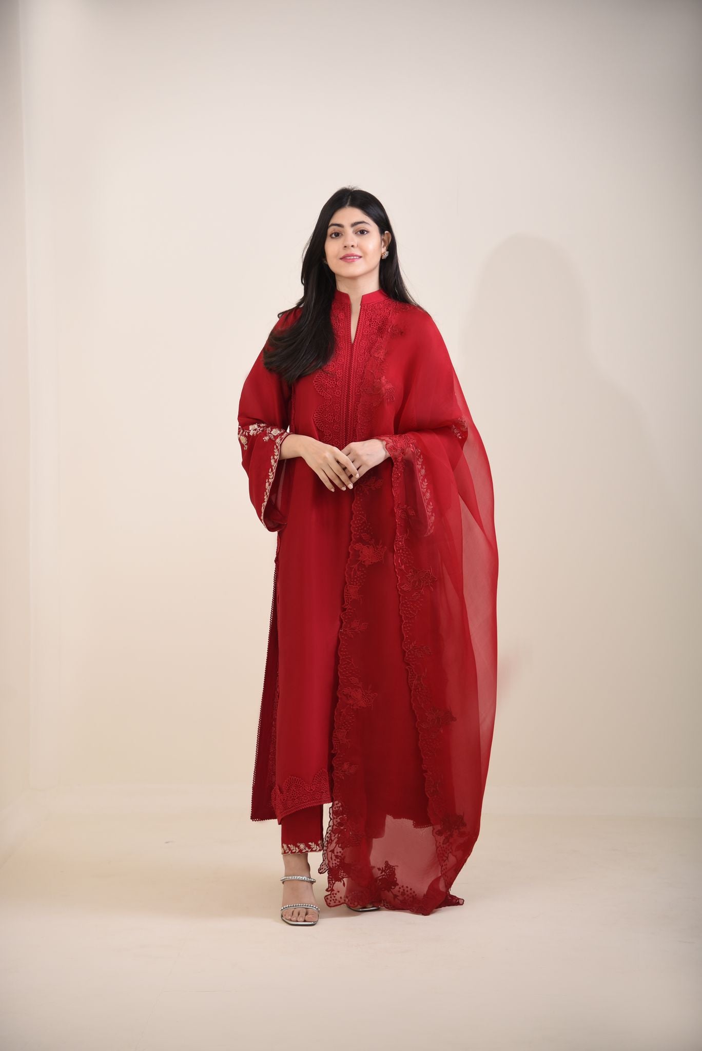 Pakistani Maroon Embroidered Raw Silk Salwar Kameez (3-Piece) - Image 1