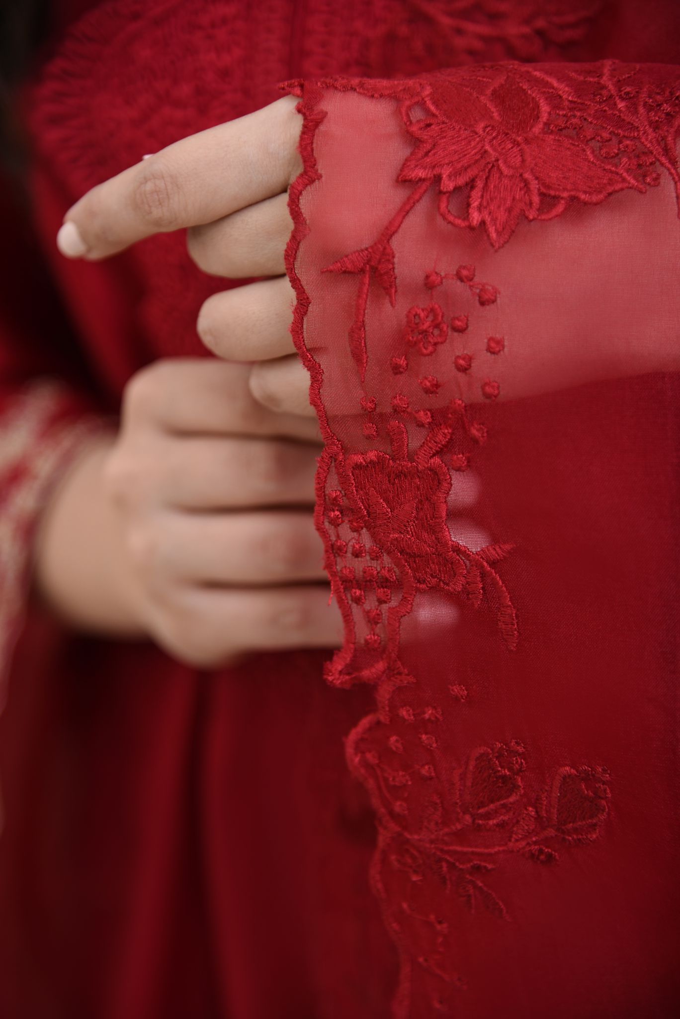 Pakistani Maroon Embroidered Raw Silk Salwar Kameez (3-Piece) - Image 2