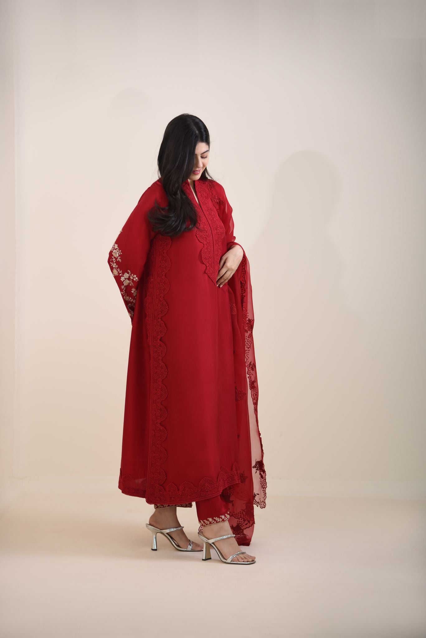 Pakistani Maroon Embroidered Raw Silk Salwar Kameez (3-Piece) - Image 4