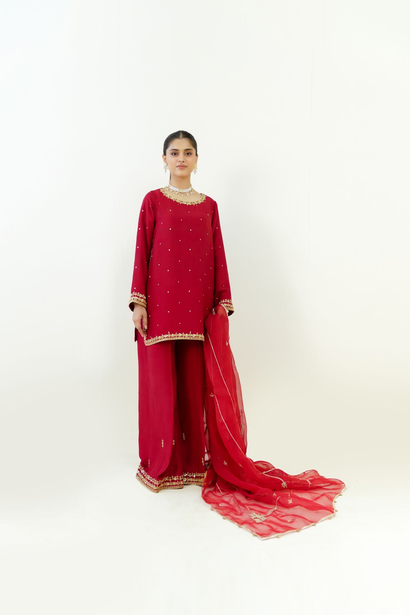 Maroon Gold Handworked Raw Silk Salwar Kameez (3-Piece) - Image 1