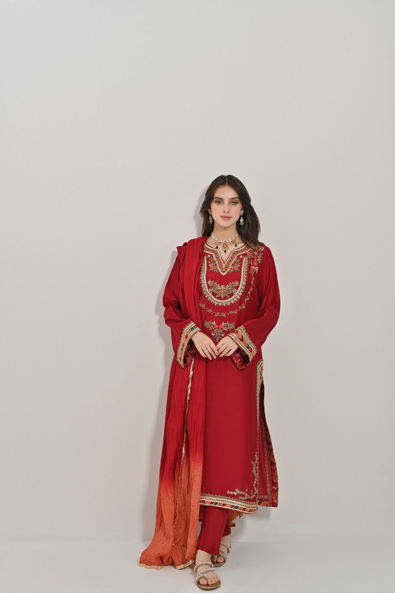 Maroon Hand-Embellished Raw Silk Salwar Kameez (3-Piece) - Image 2