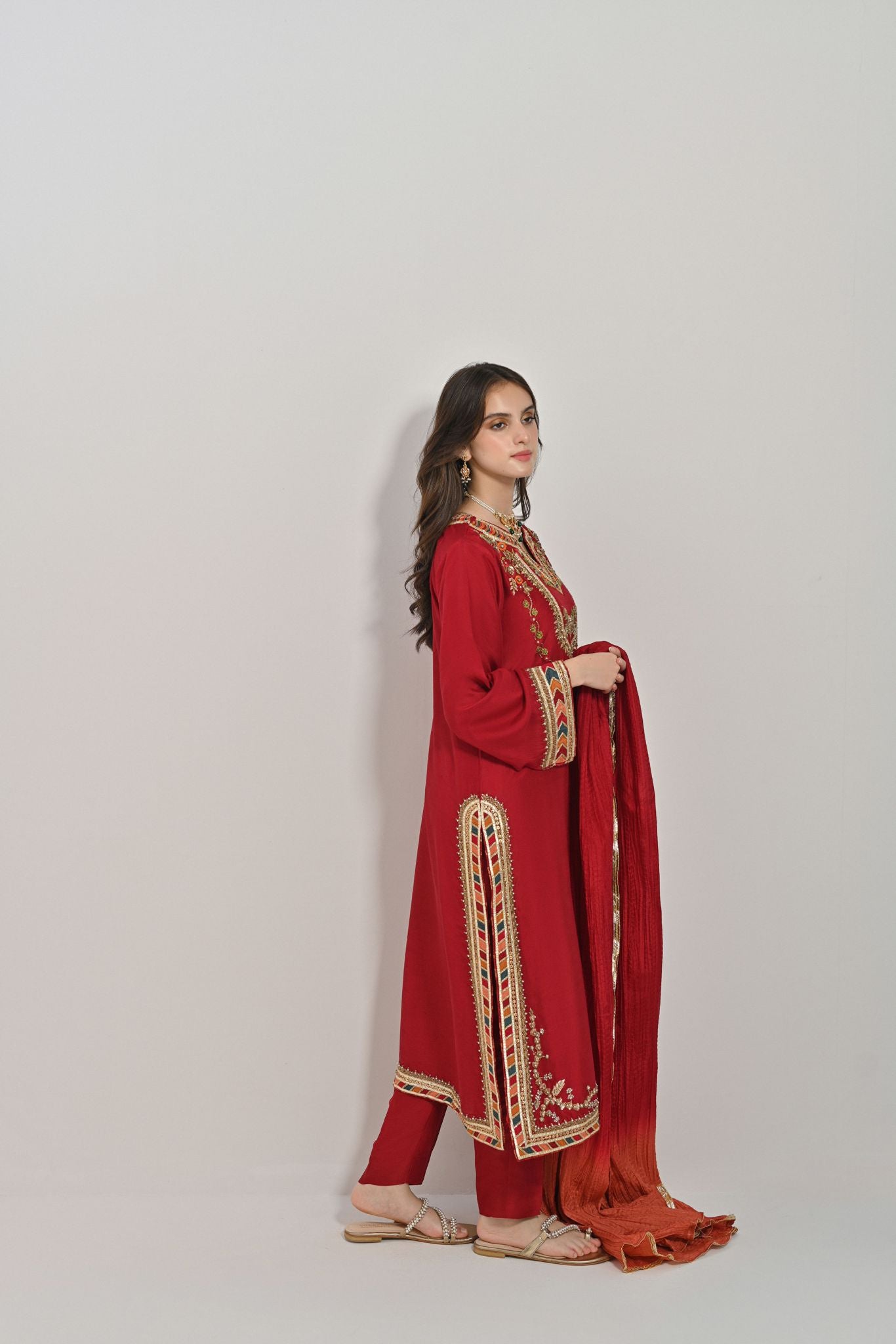 Maroon Hand-Embellished Raw Silk Salwar Kameez (3-Piece) - Image 4