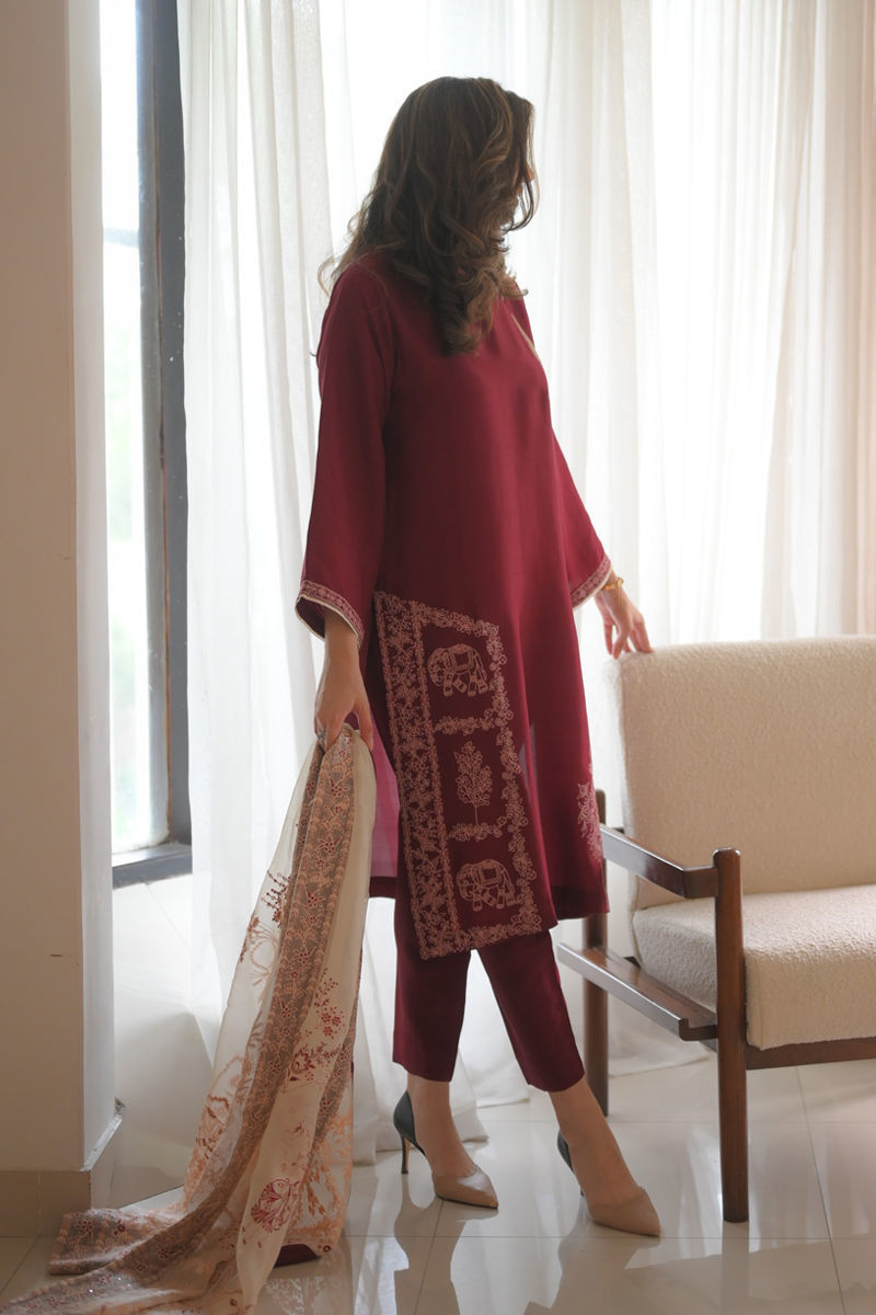 Pakistani Maroon Embroidered Pure Raw Silk Salwar Kameez (3-Piece) - Image 1