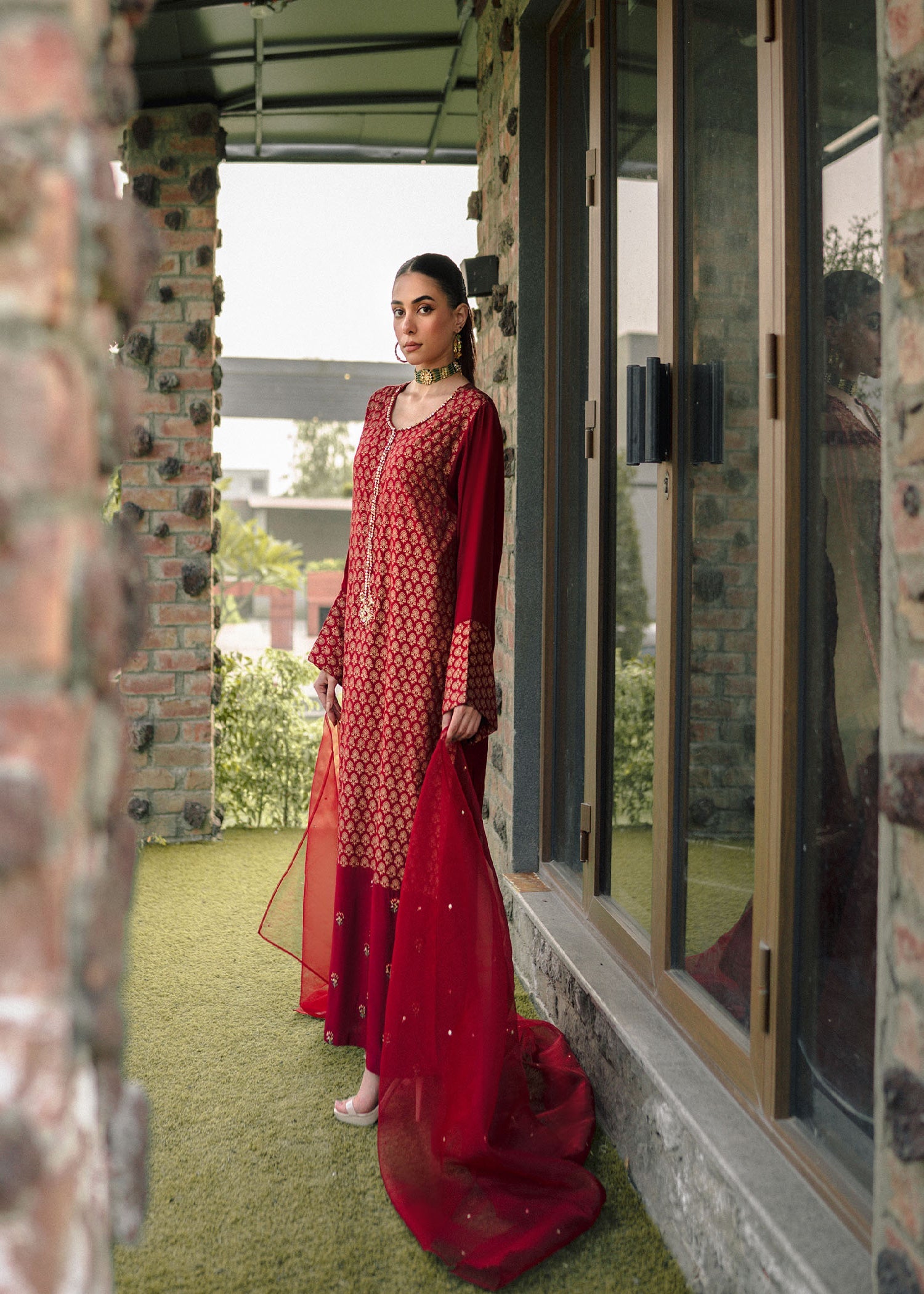 Pakistani Maroon Golden Motif Raw Silk Kurta Set (3-Piece) - Image 2