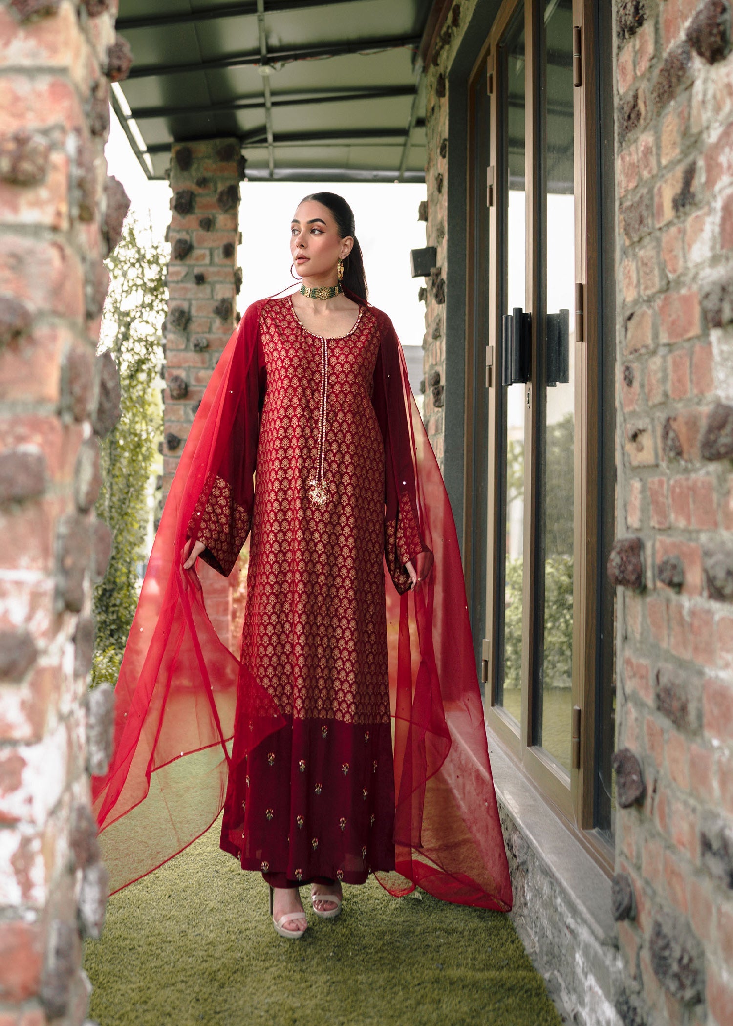 Pakistani Maroon Golden Motif Raw Silk Kurta Set (3-Piece) - Image 3