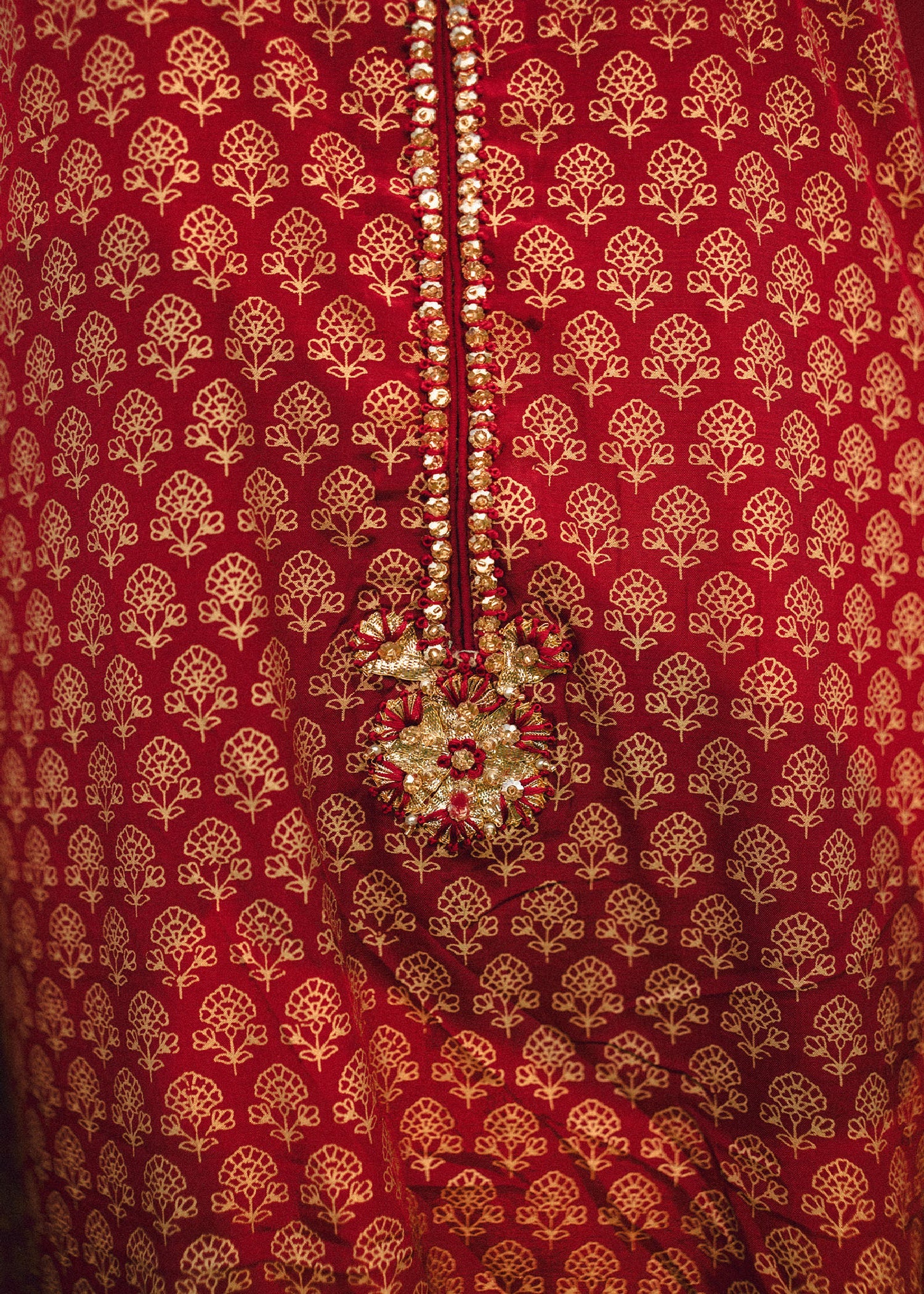 Pakistani Maroon Golden Motif Raw Silk Kurta Set (3-Piece) - Image 4