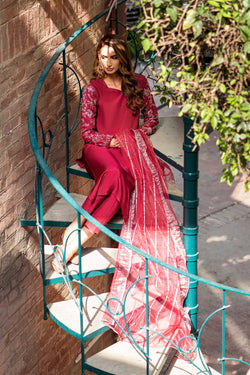 Pakistani Garnet Silver Naqshi Raw Silk Salwar Kameez (3-Piece) - Image 1