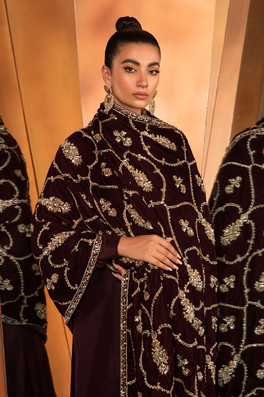 Pakistani Deep Maroon Embellished Velvet Shawl with Raw Silk Trouser (3-Piece) - Image 3