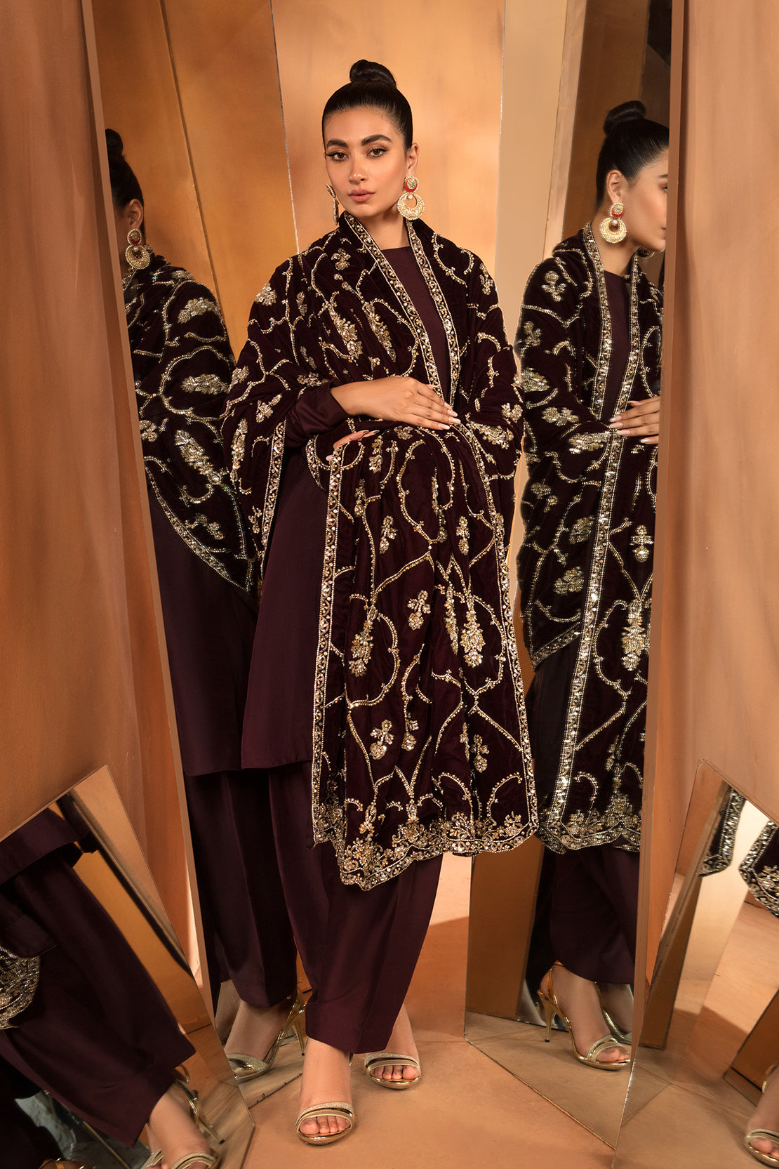Pakistani Deep Maroon Embellished Velvet Shawl with Raw Silk Trouser (3-Piece) - Image 4