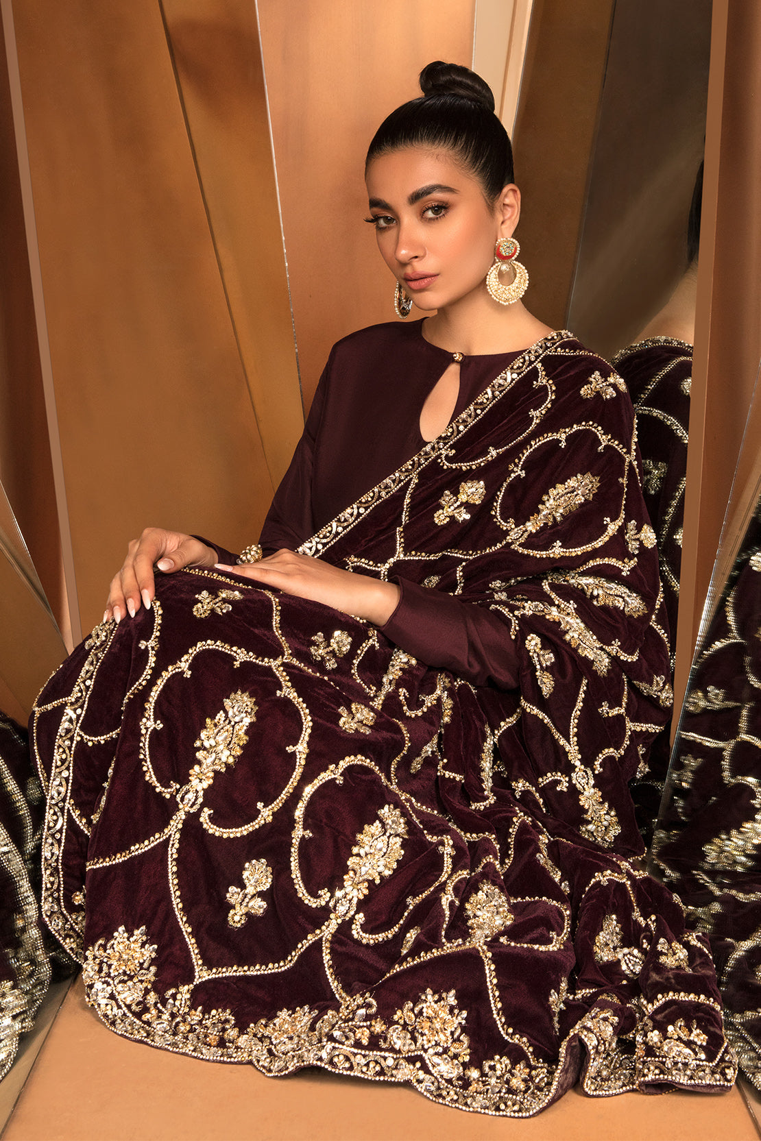 Pakistani Deep Maroon Embellished Velvet Shawl with Raw Silk Trouser (3-Piece) - Image 5