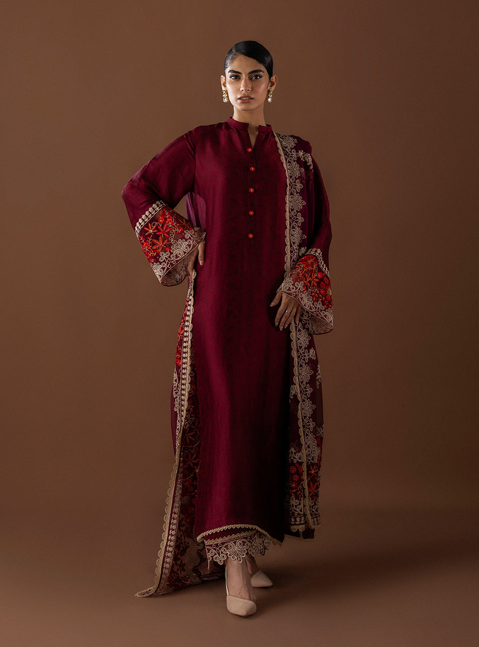 Maroon Embroidered Raw Silk Salwar Kameez (3-Piece) - Image 1