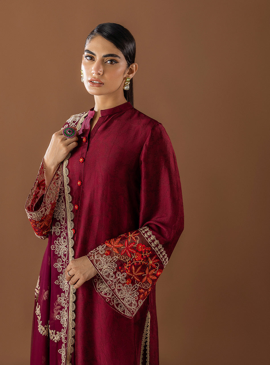 Maroon Embroidered Raw Silk Salwar Kameez (3-Piece) - Image 2