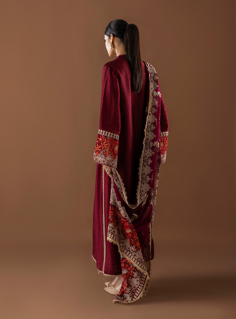 Maroon Embroidered Raw Silk Salwar Kameez (3-Piece) - Image 3