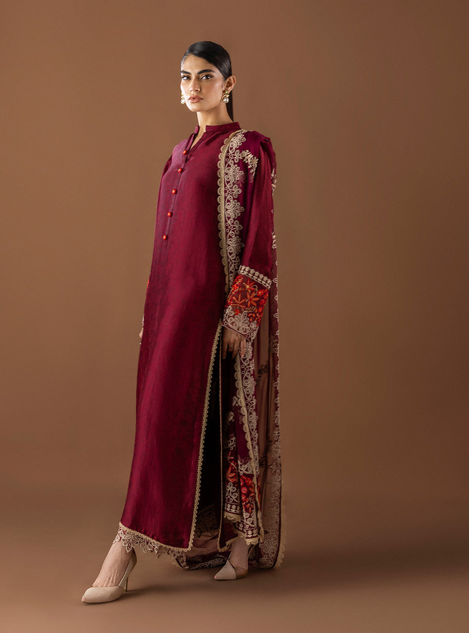 Maroon Embroidered Raw Silk Salwar Kameez (3-Piece) - Image 4
