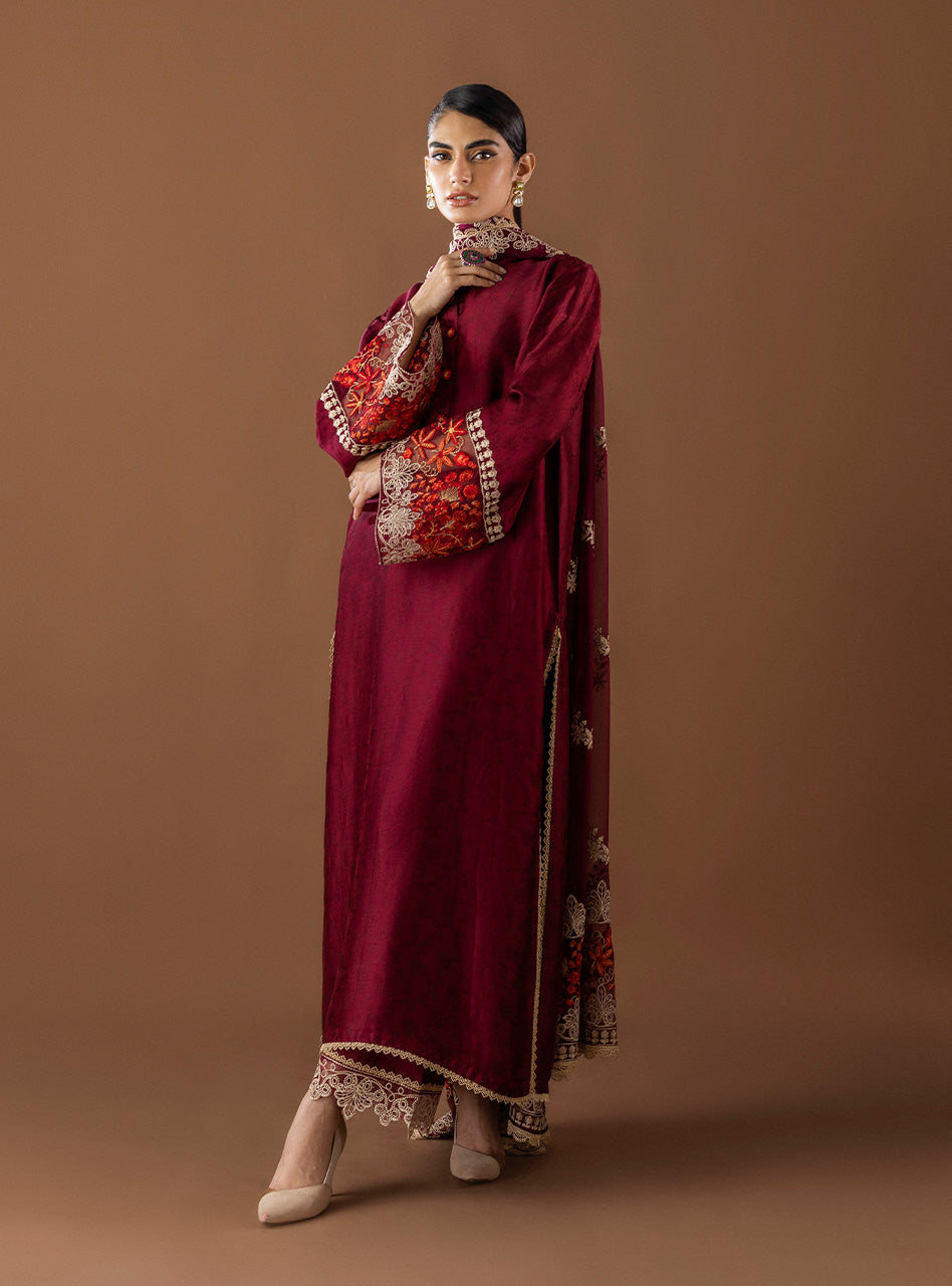 Maroon Embroidered Raw Silk Salwar Kameez (3-Piece) - Image 5