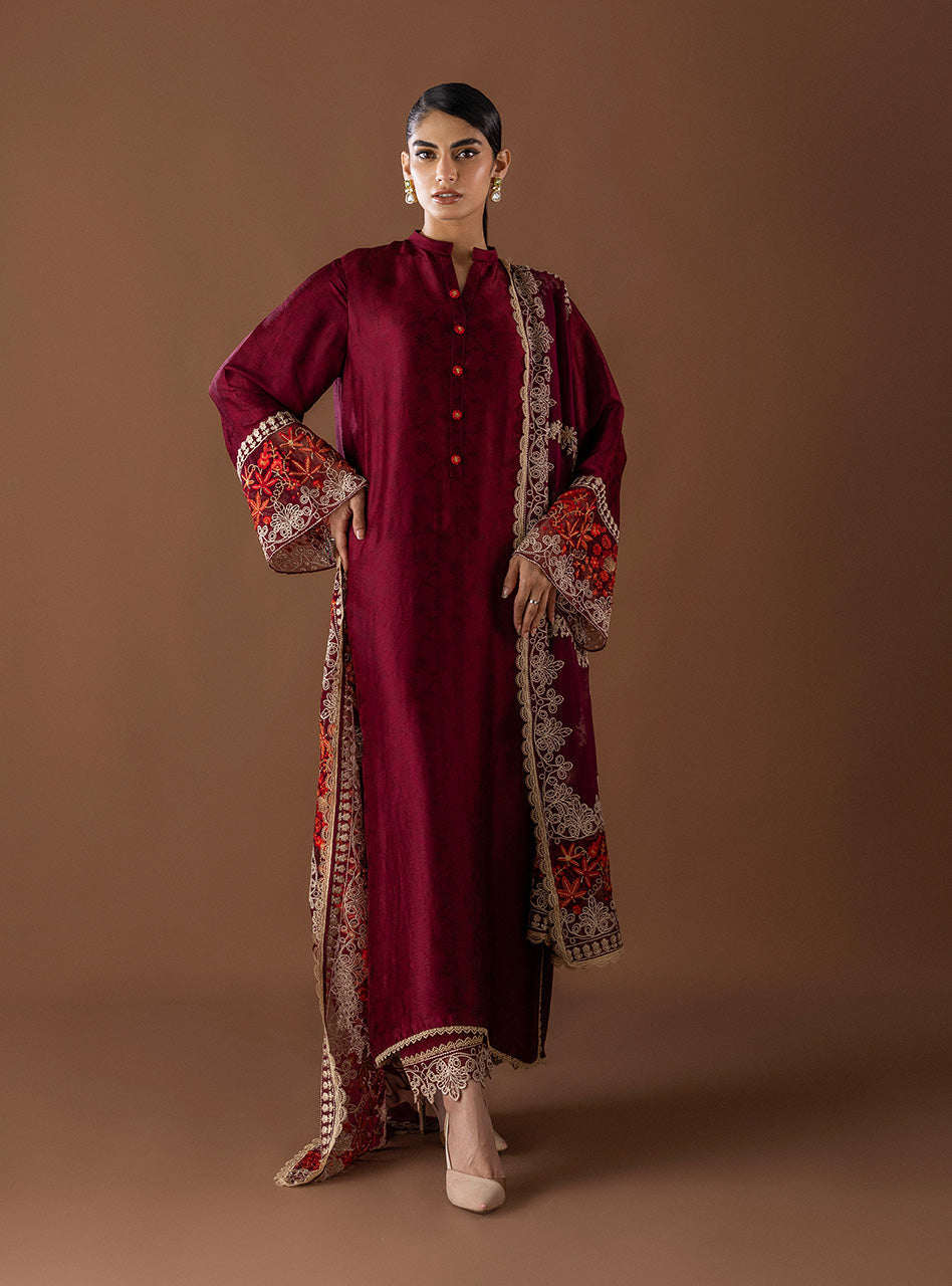 Maroon Embroidered Raw Silk Salwar Kameez (3-Piece) - Image 7