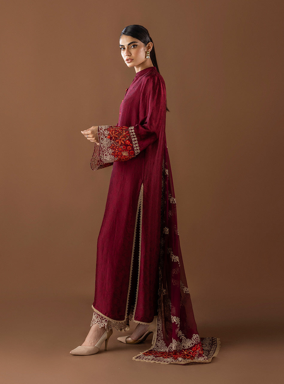 Maroon Embroidered Raw Silk Salwar Kameez (3-Piece) - Image 8