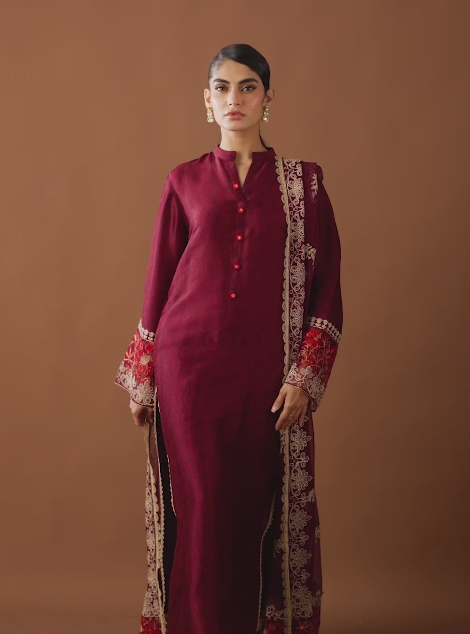 Maroon Embroidered Raw Silk Salwar Kameez (3-Piece) - Image 9