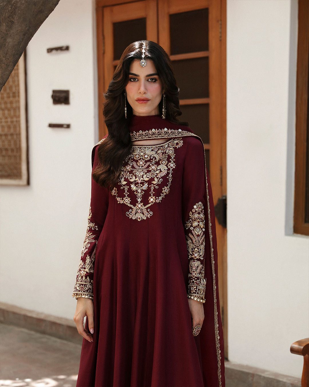 Maroon Embroidered Raw Silk Long Shirt (3-Piece) - Image 2