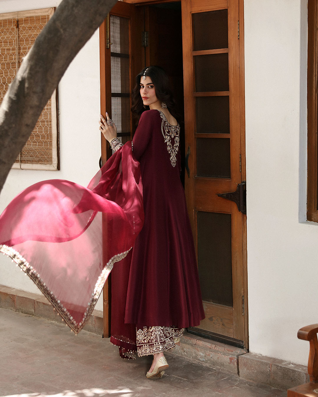 Maroon Embroidered Raw Silk Long Shirt (3-Piece) - Image 3
