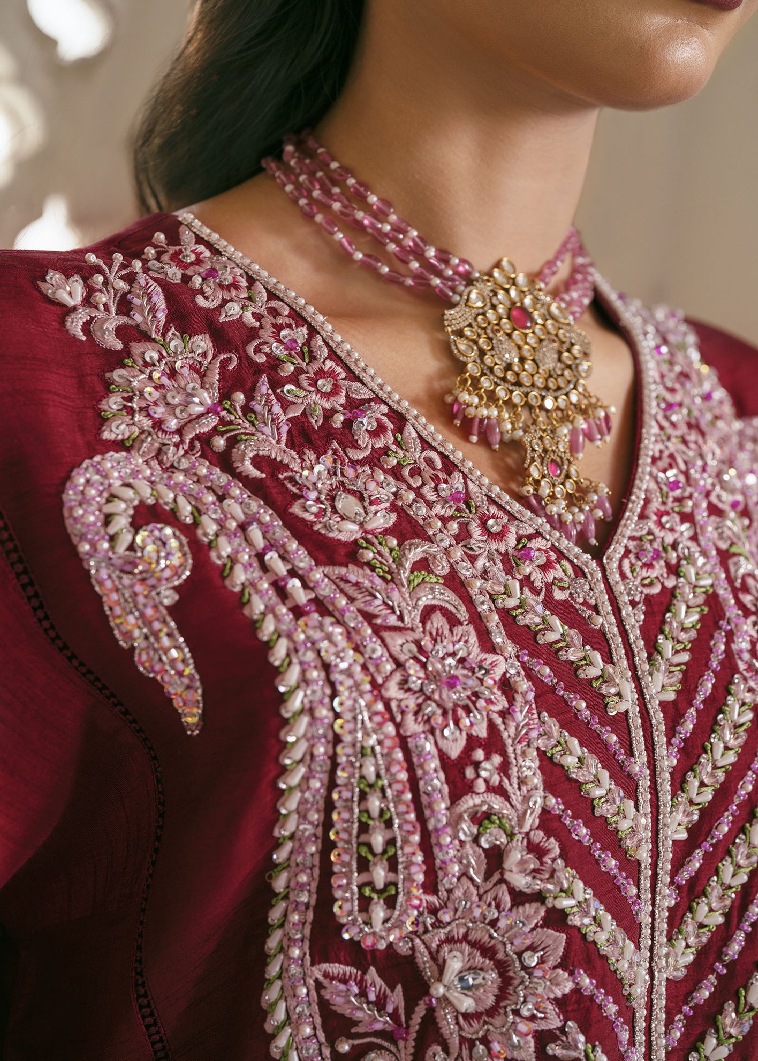 Maroon Zardozi Embroidered Raw Silk Kurta Set (3-Piece) - Image 3