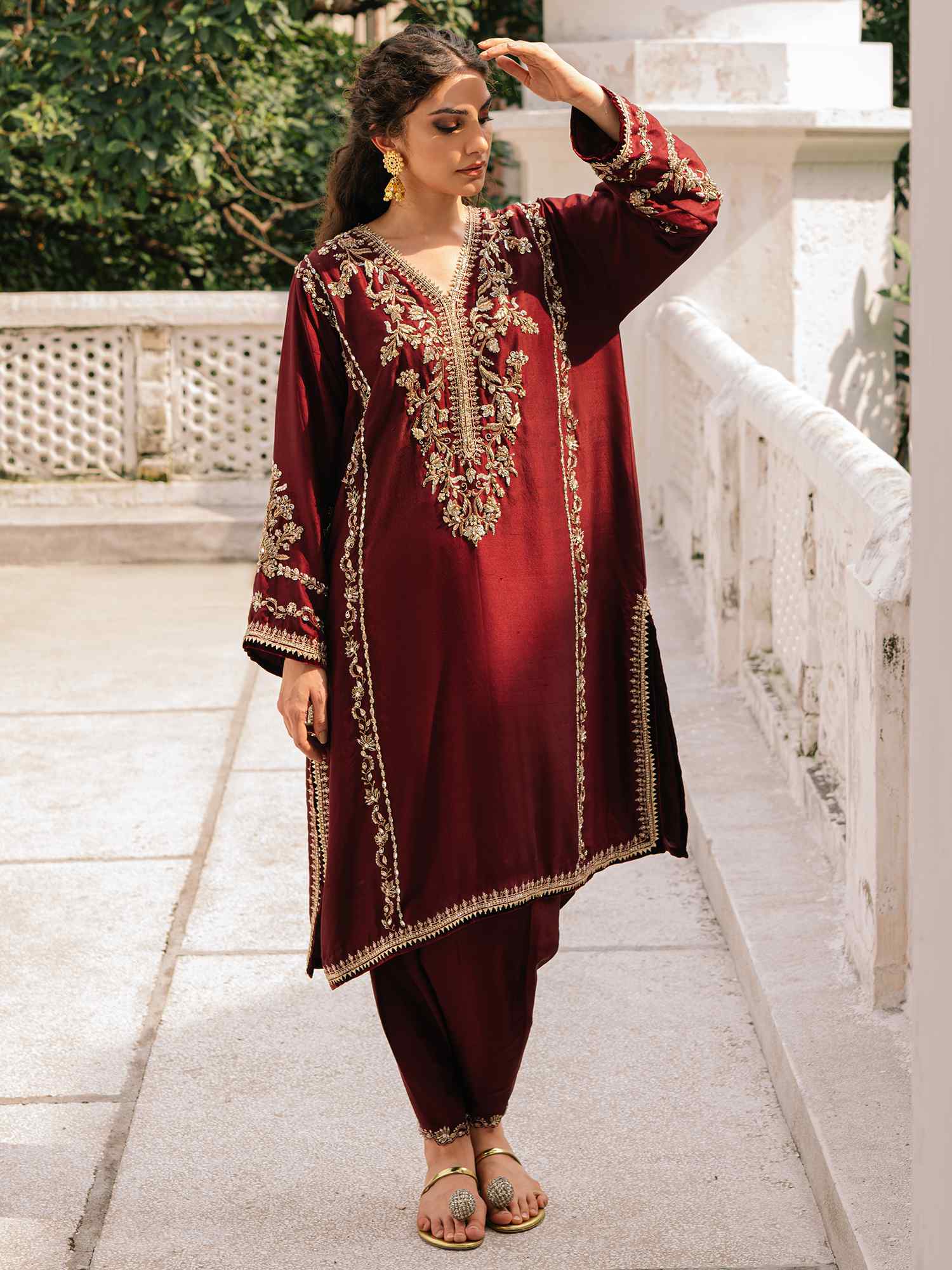 Maroon Zardozi & Resham Raw Silk Kurti Set (2-Piece) - Image 1