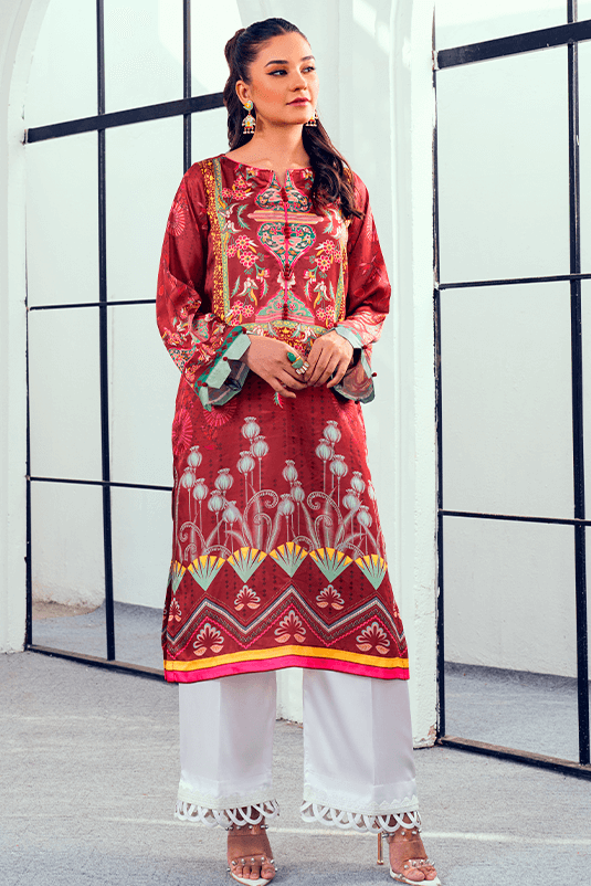 Maroon Printed Shamoz Silk Straight Shirt (2-Piece) - Image 3